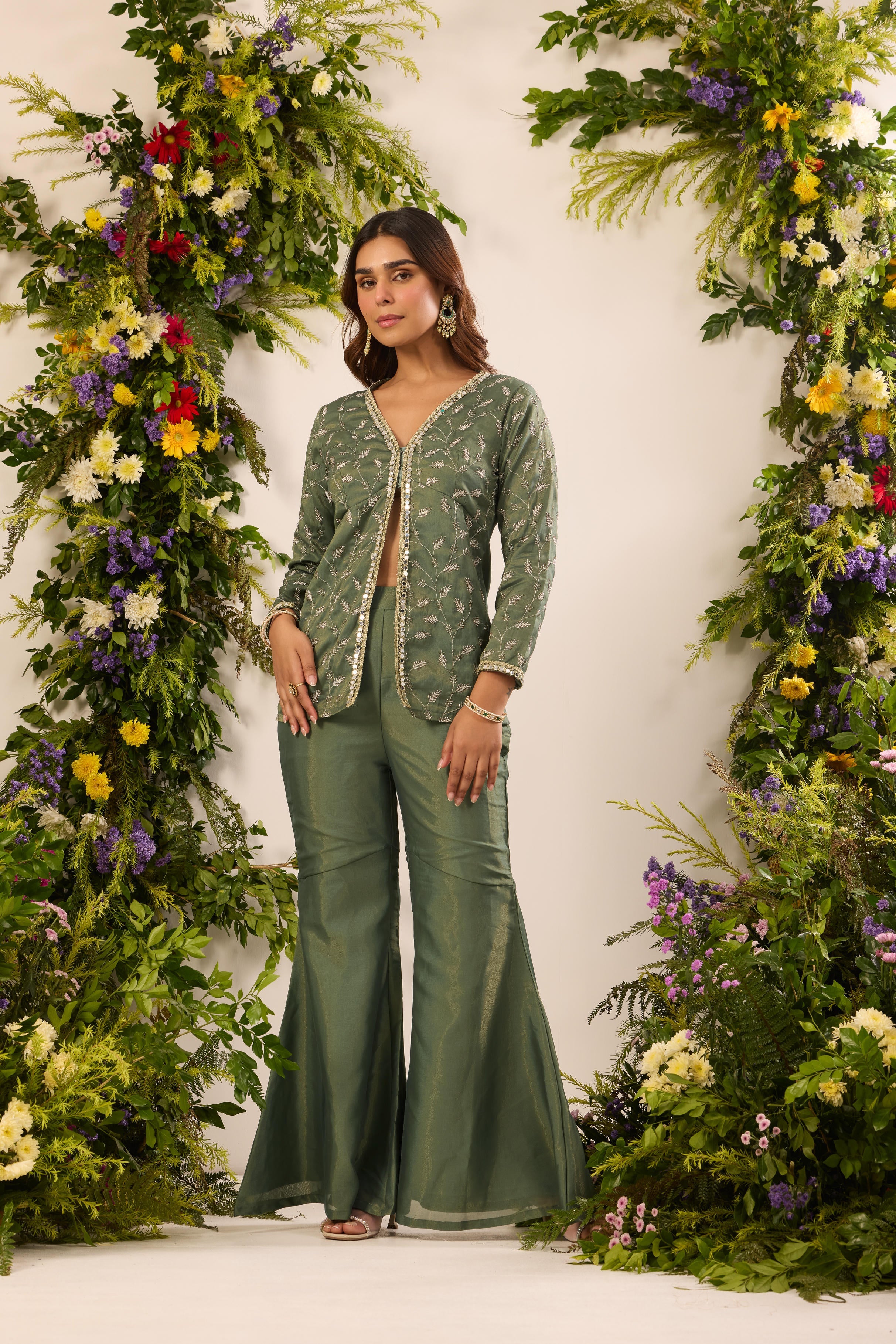 Mastaani Fern Green Front Slit Kurta Set