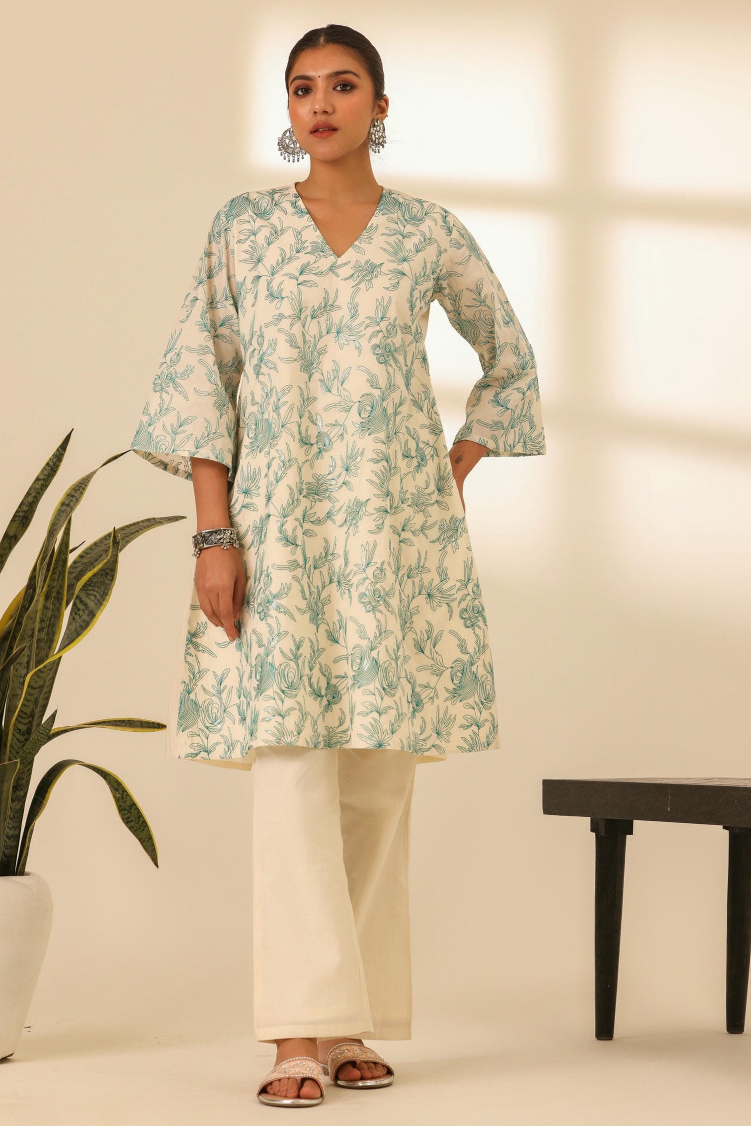 Rangrez Mint Glow A Line Embroidered Kurta Set