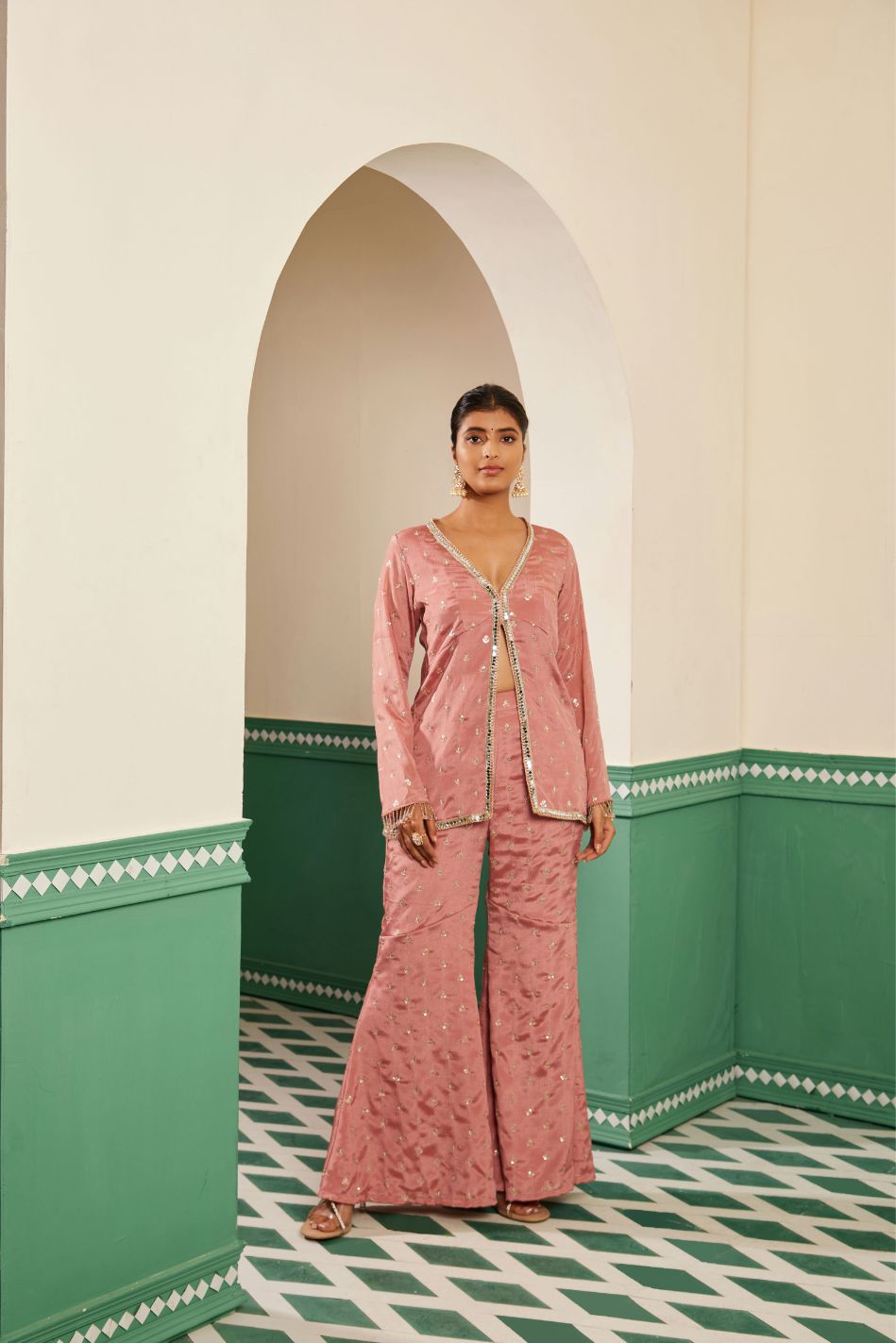 Sajda Onion Pink Embroidered Flared Gharara