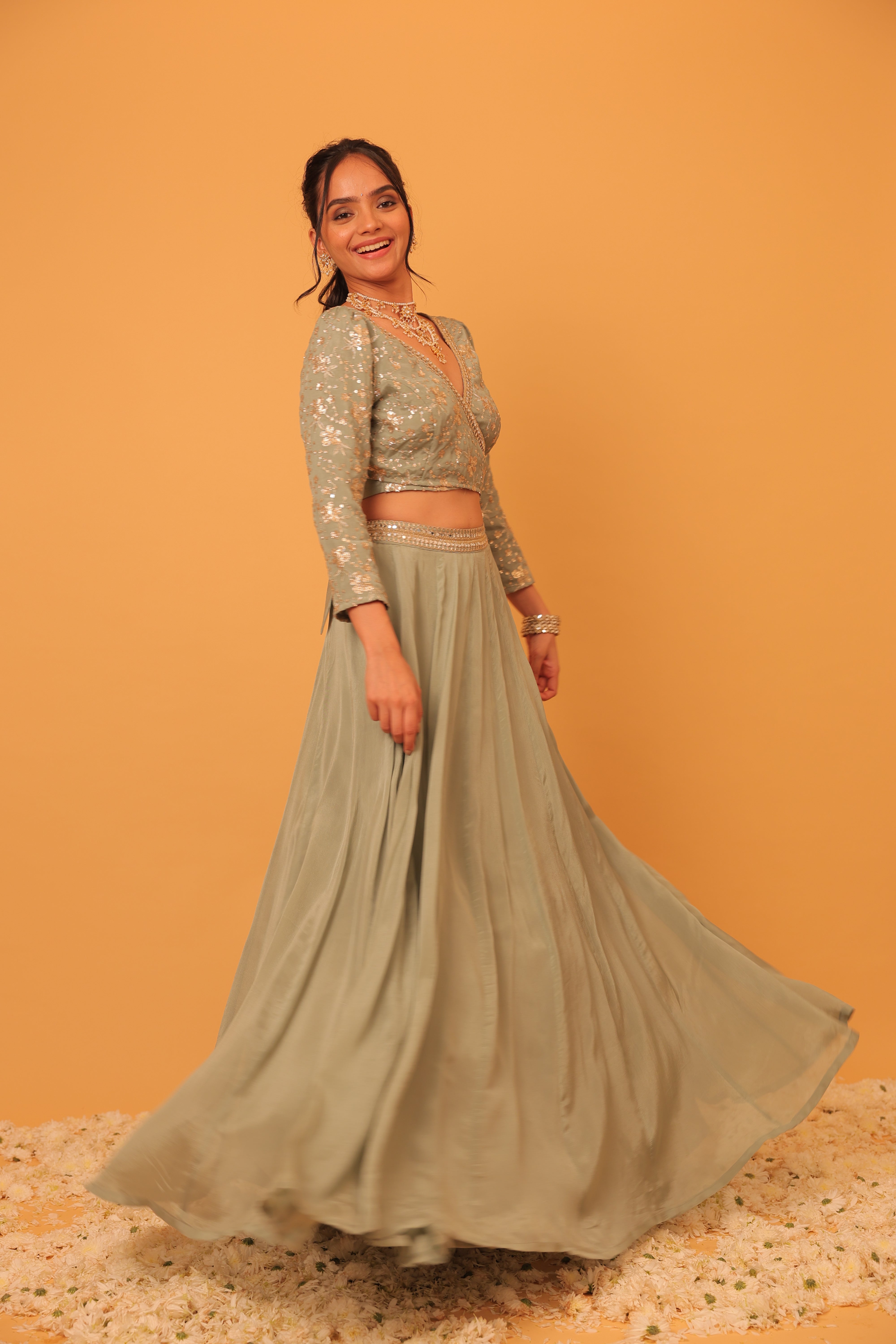 Alaya Mehfil Smoke Green Lehenga Set