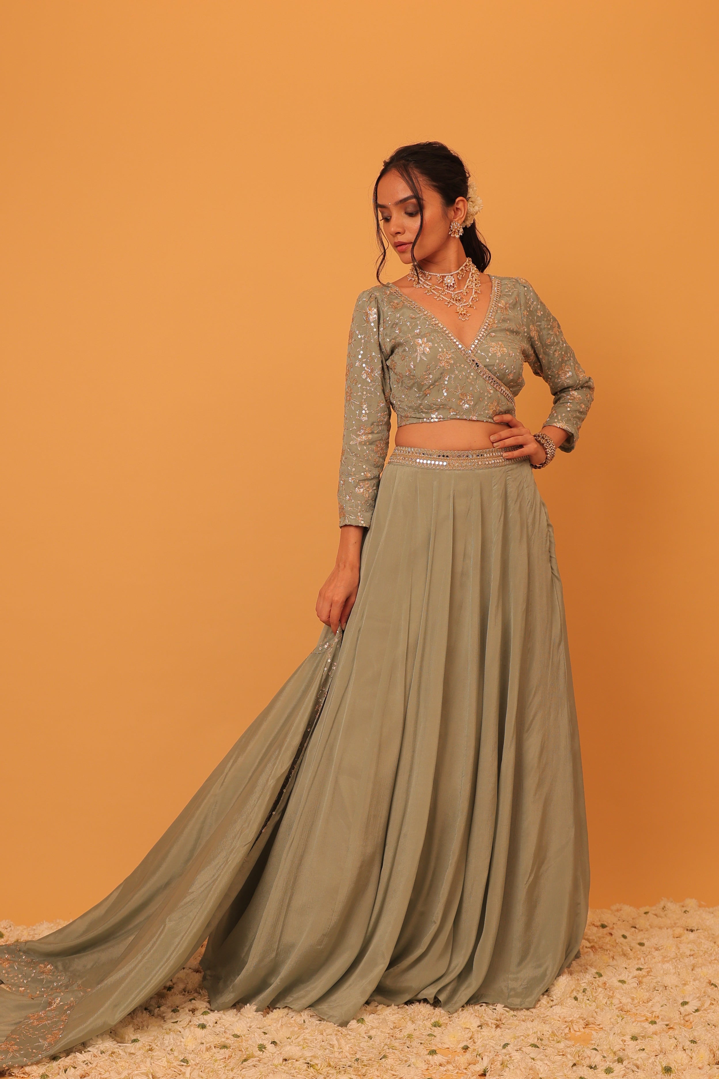 Alaya Mehfil Smoke Green Lehenga Set