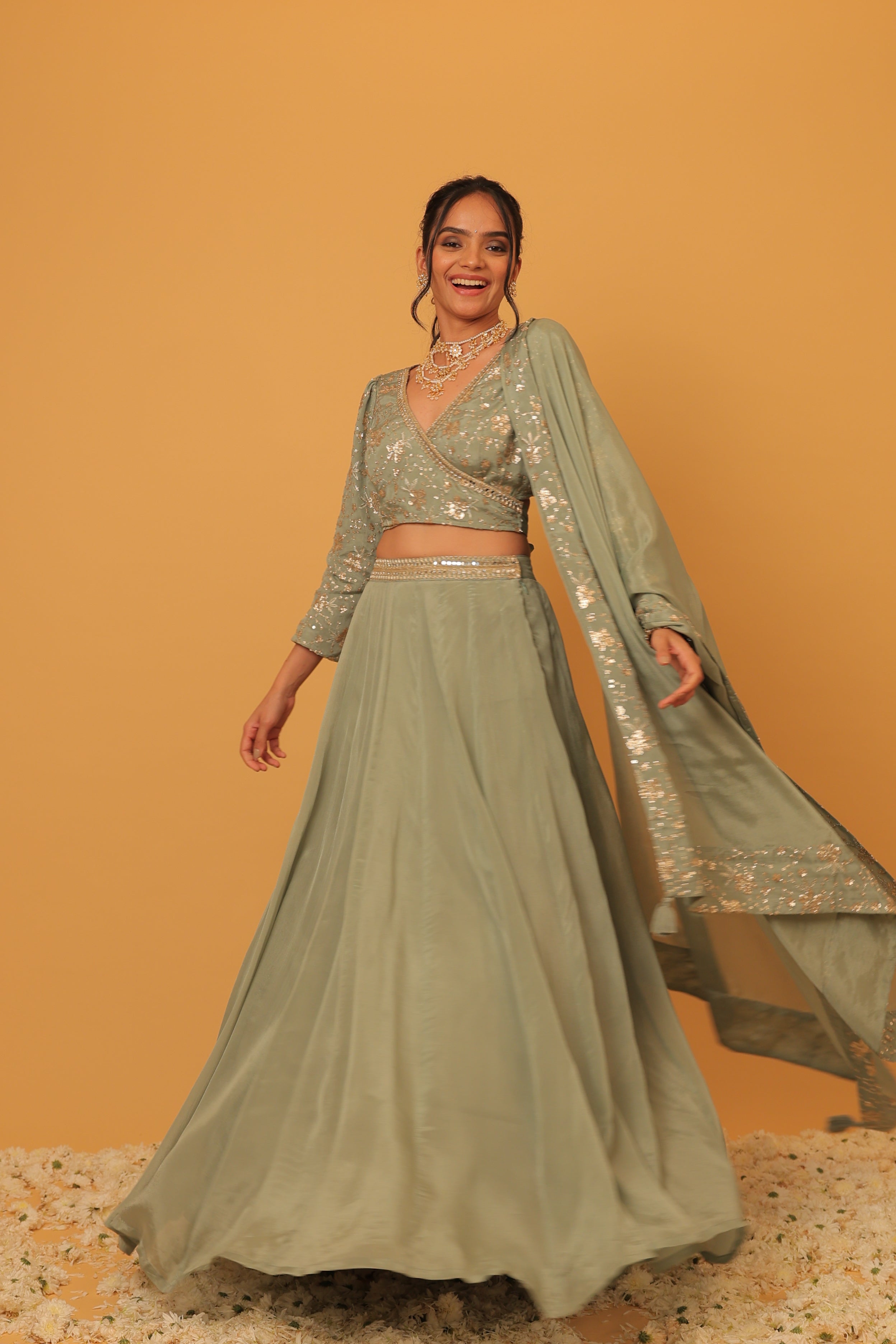 Alaya Mehfil Smoke Green Lehenga Set