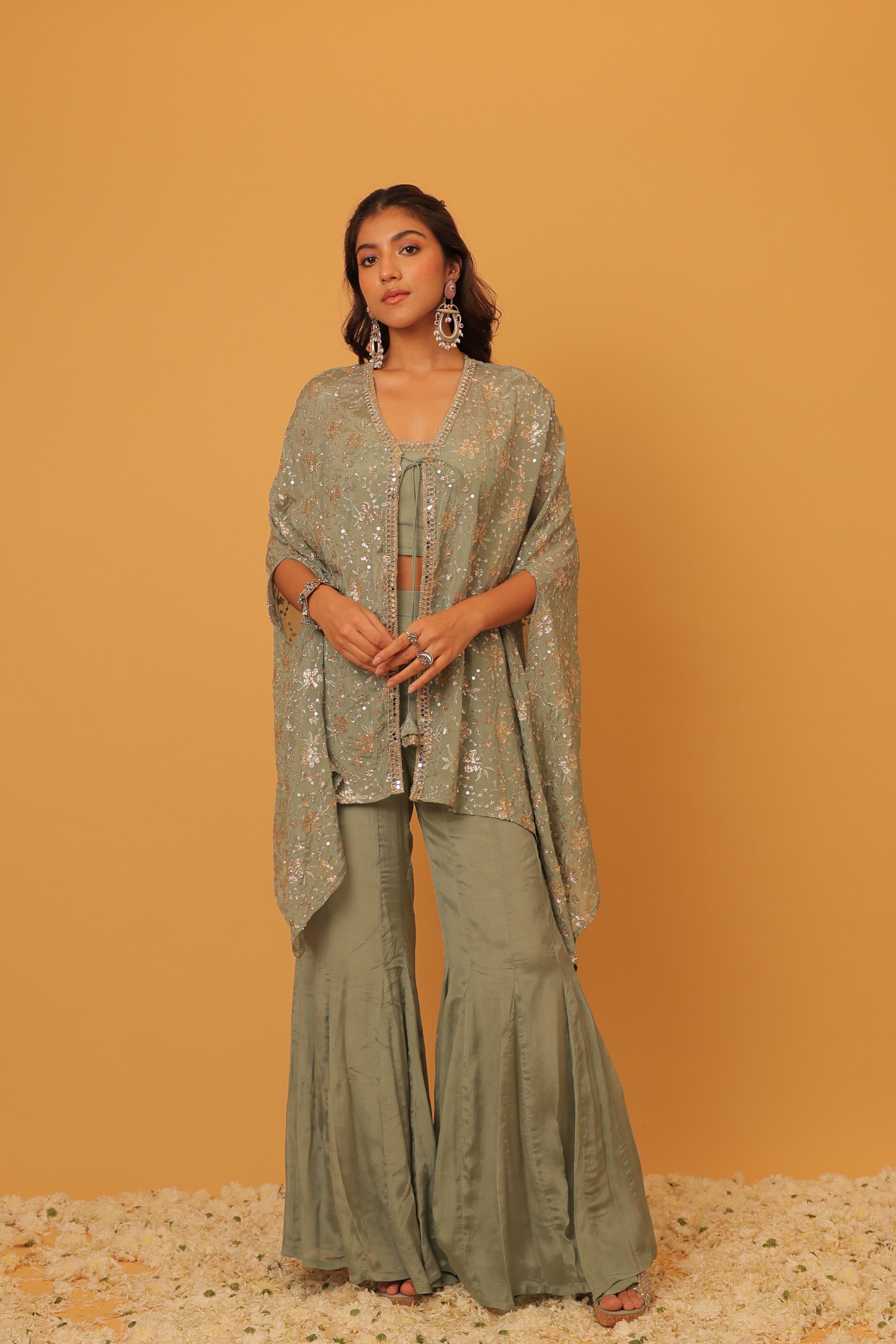 Alaya Mehfil Smoke Green Cape Set