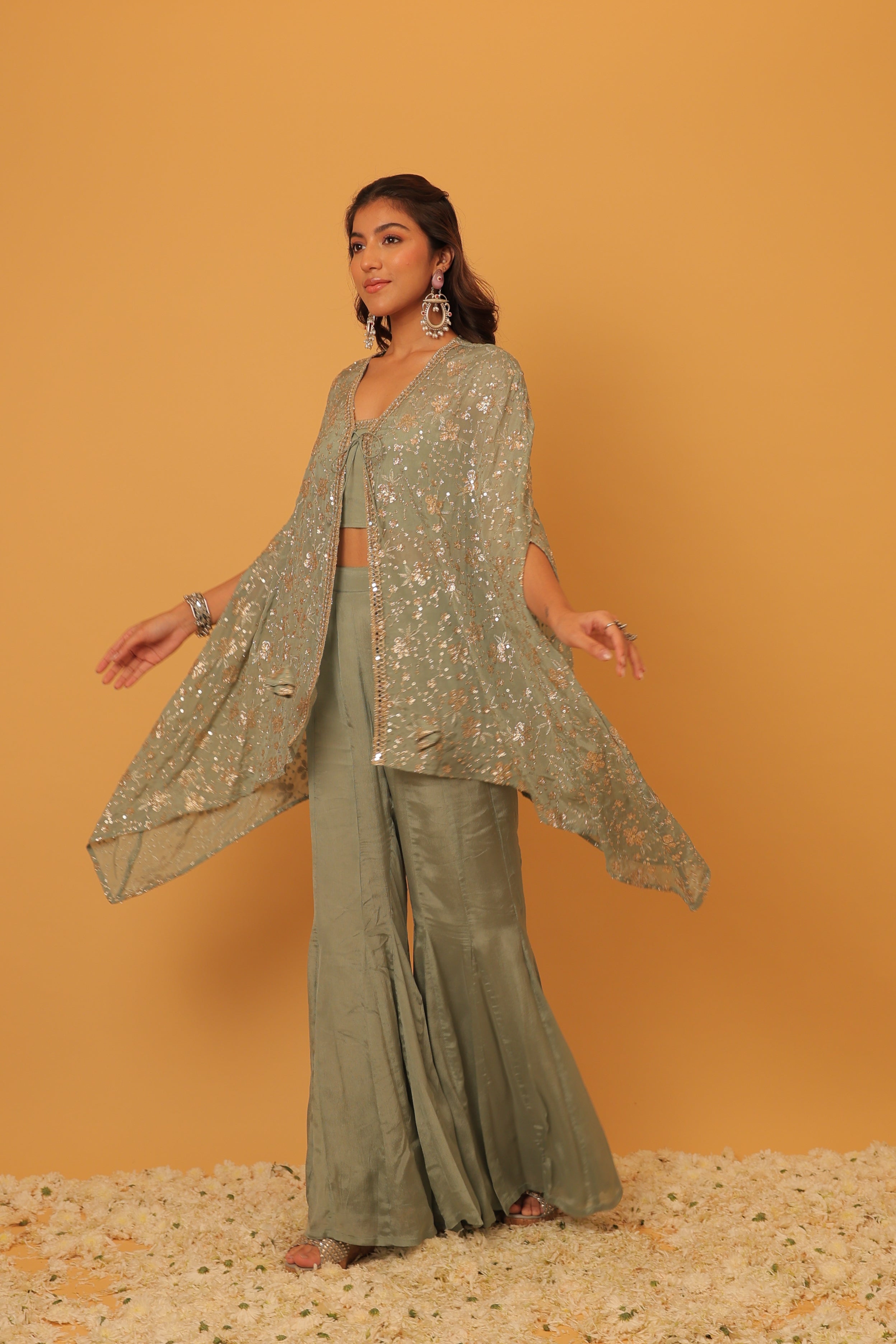 Alaya Mehfil Smoke Green Cape Set