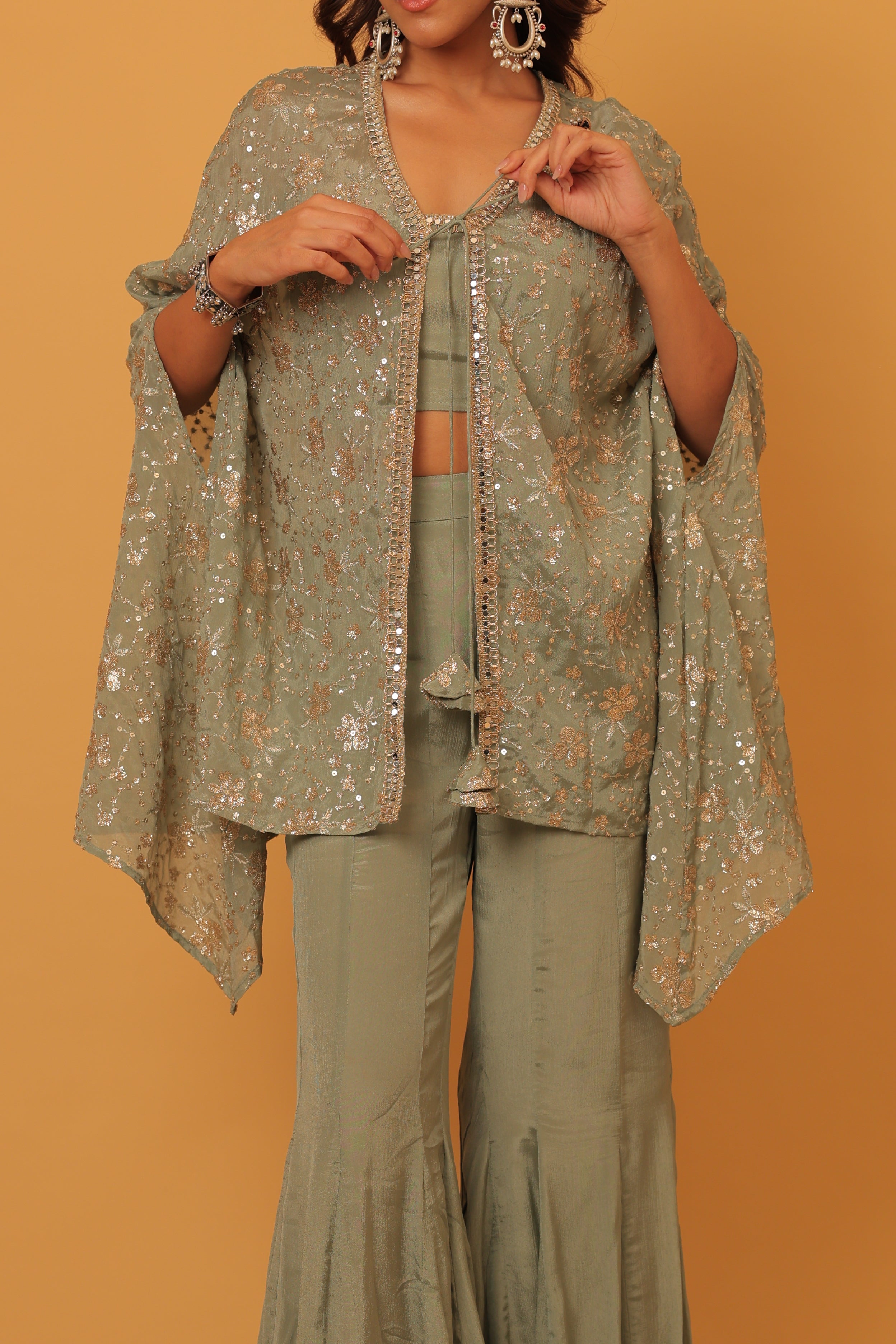 Alaya Mehfil Smoke Green Cape Set