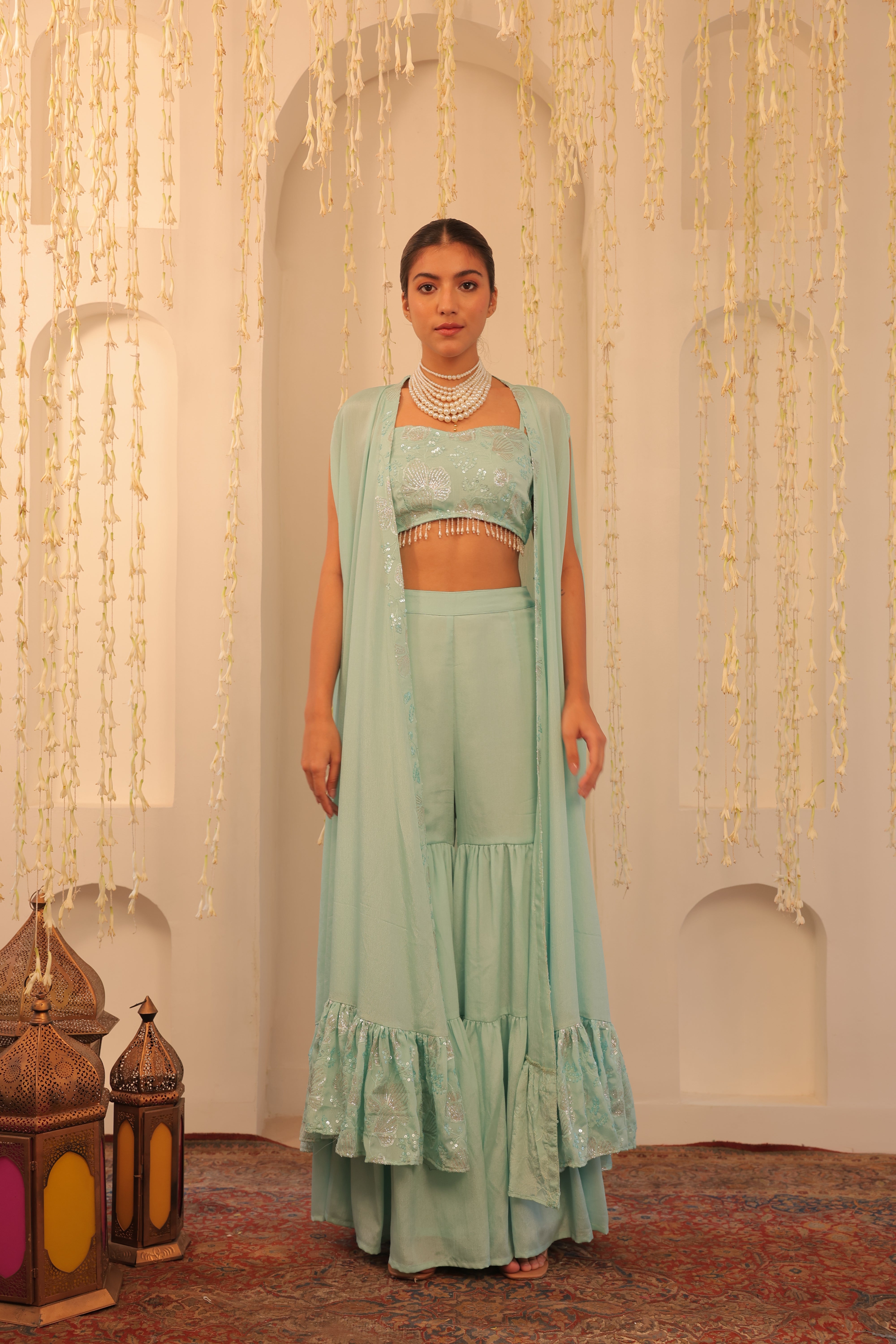 Alaya Mehfil Glacier Blue Overlay Set