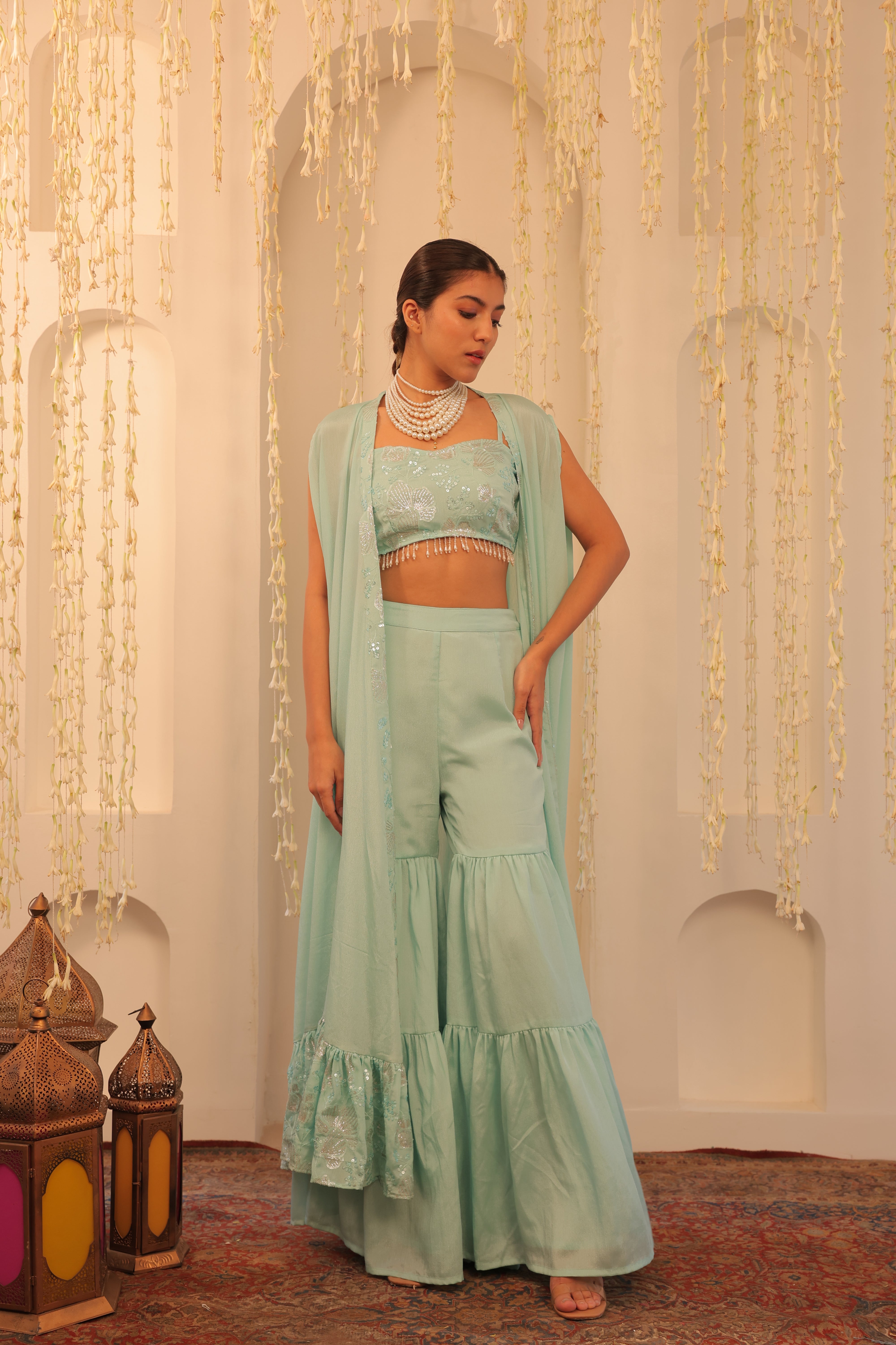 Alaya Mehfil Glacier Blue Overlay Set