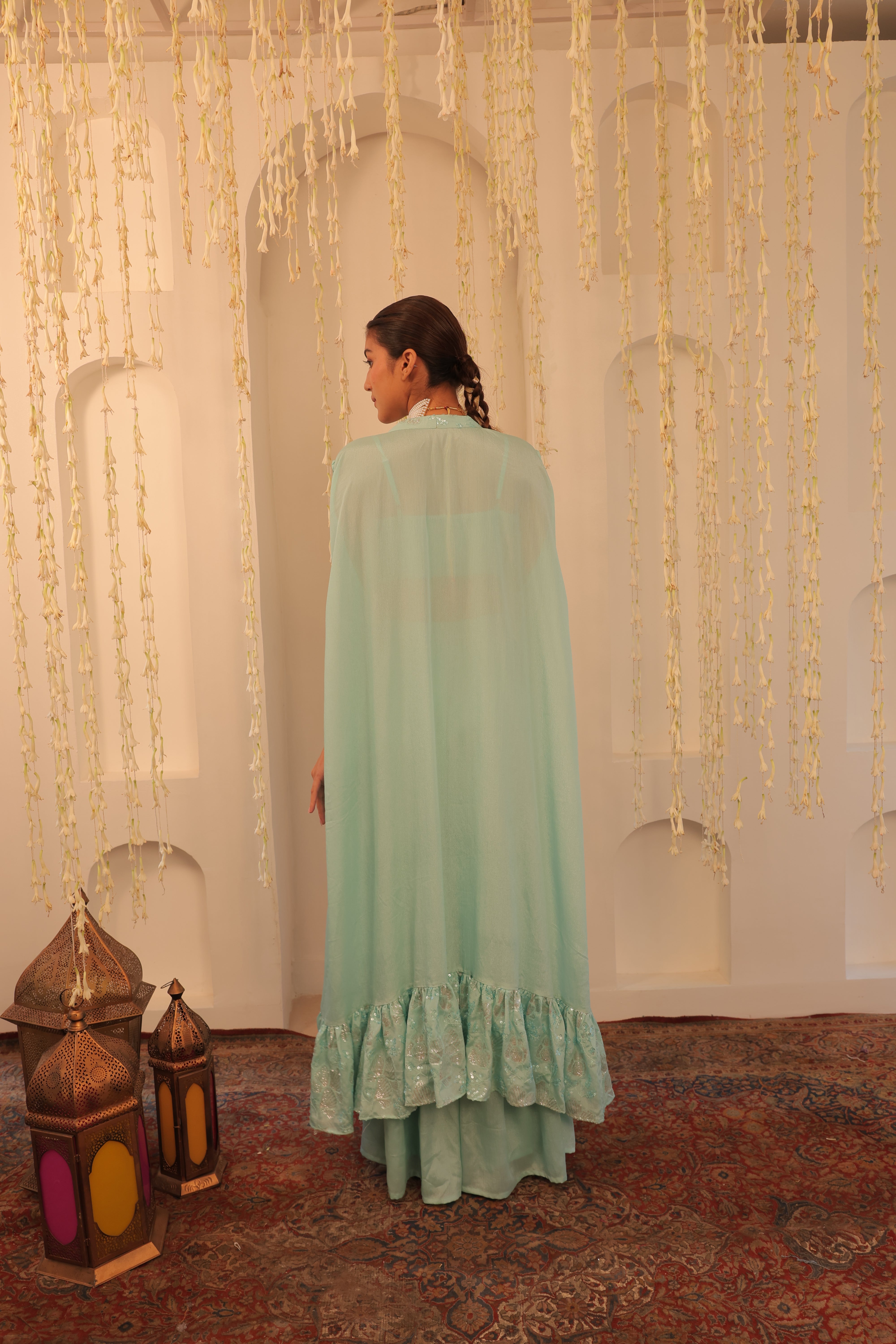 Alaya Mehfil Glacier Blue Overlay Set