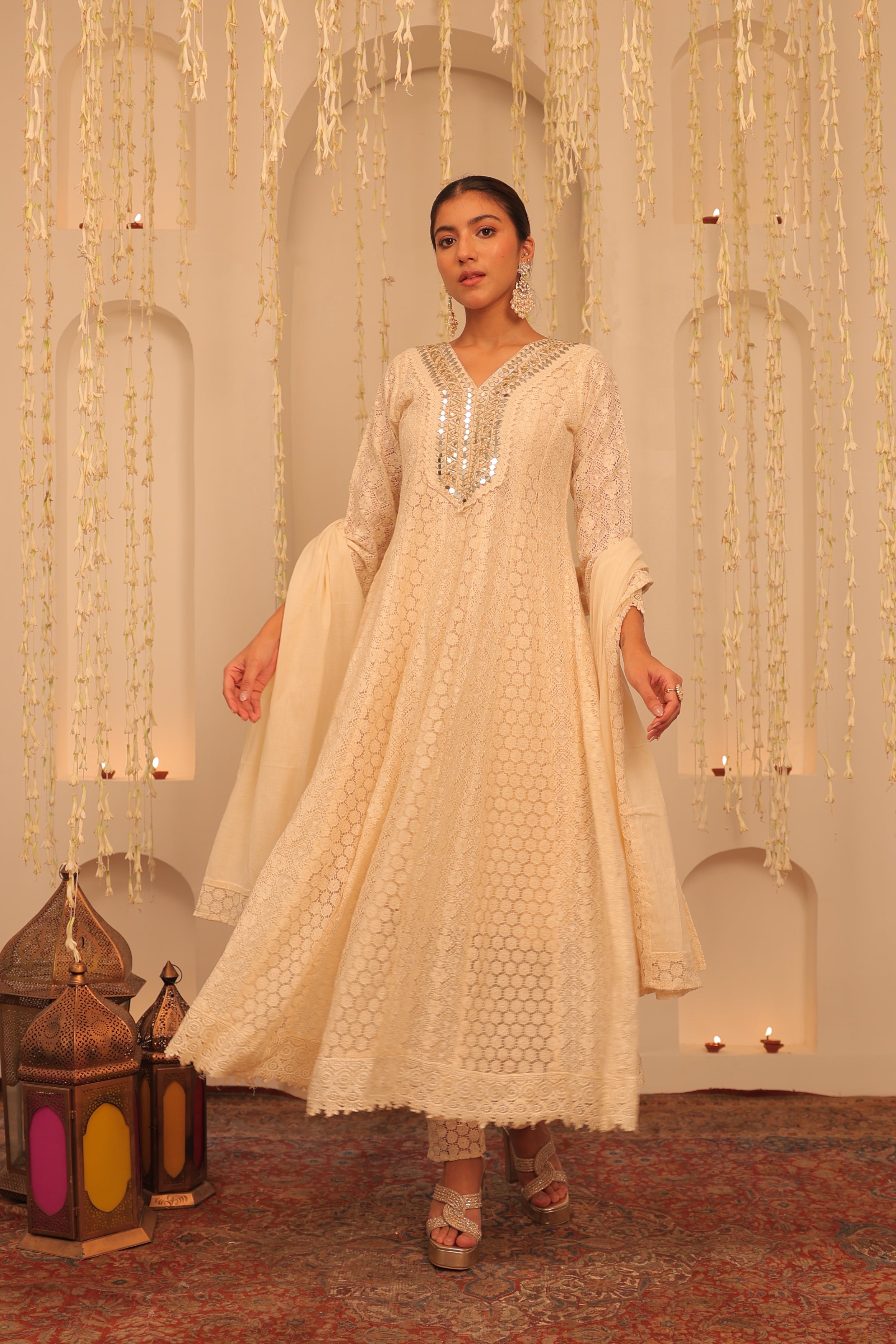 Alaya Mehfil shell White Anarkali Set