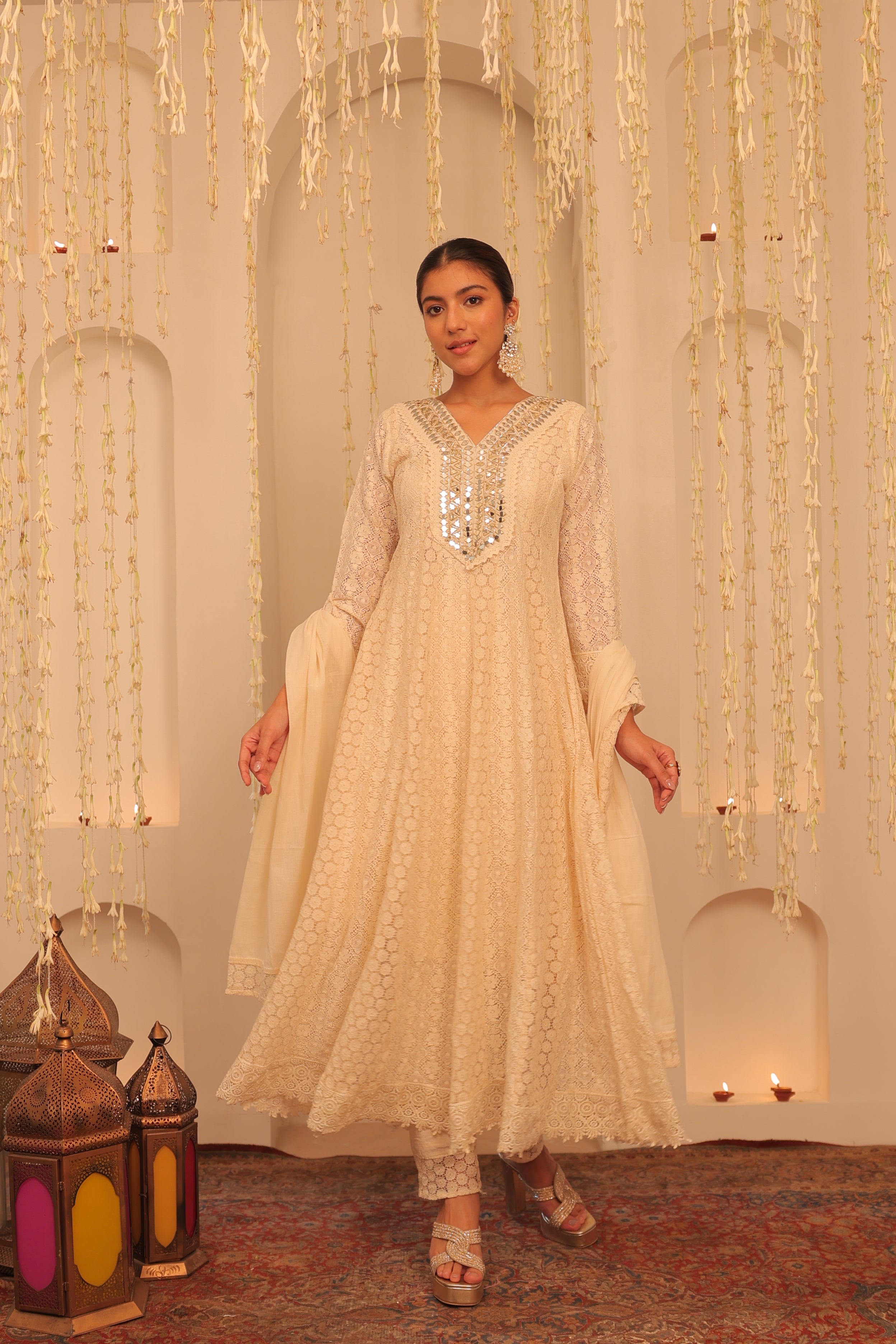 Alaya Mehfil shell White Anarkali Set