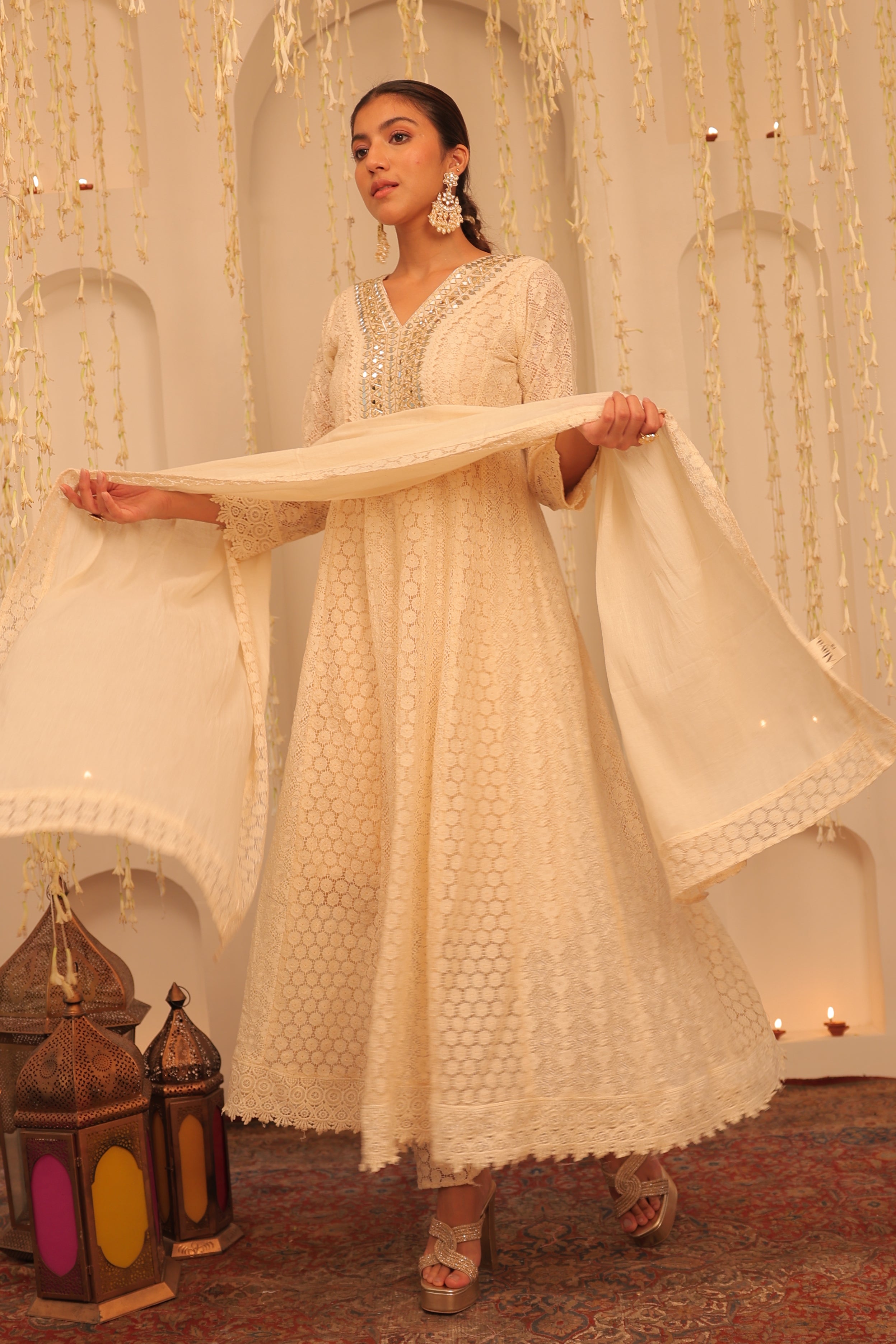 Alaya Mehfil shell White Anarkali Set