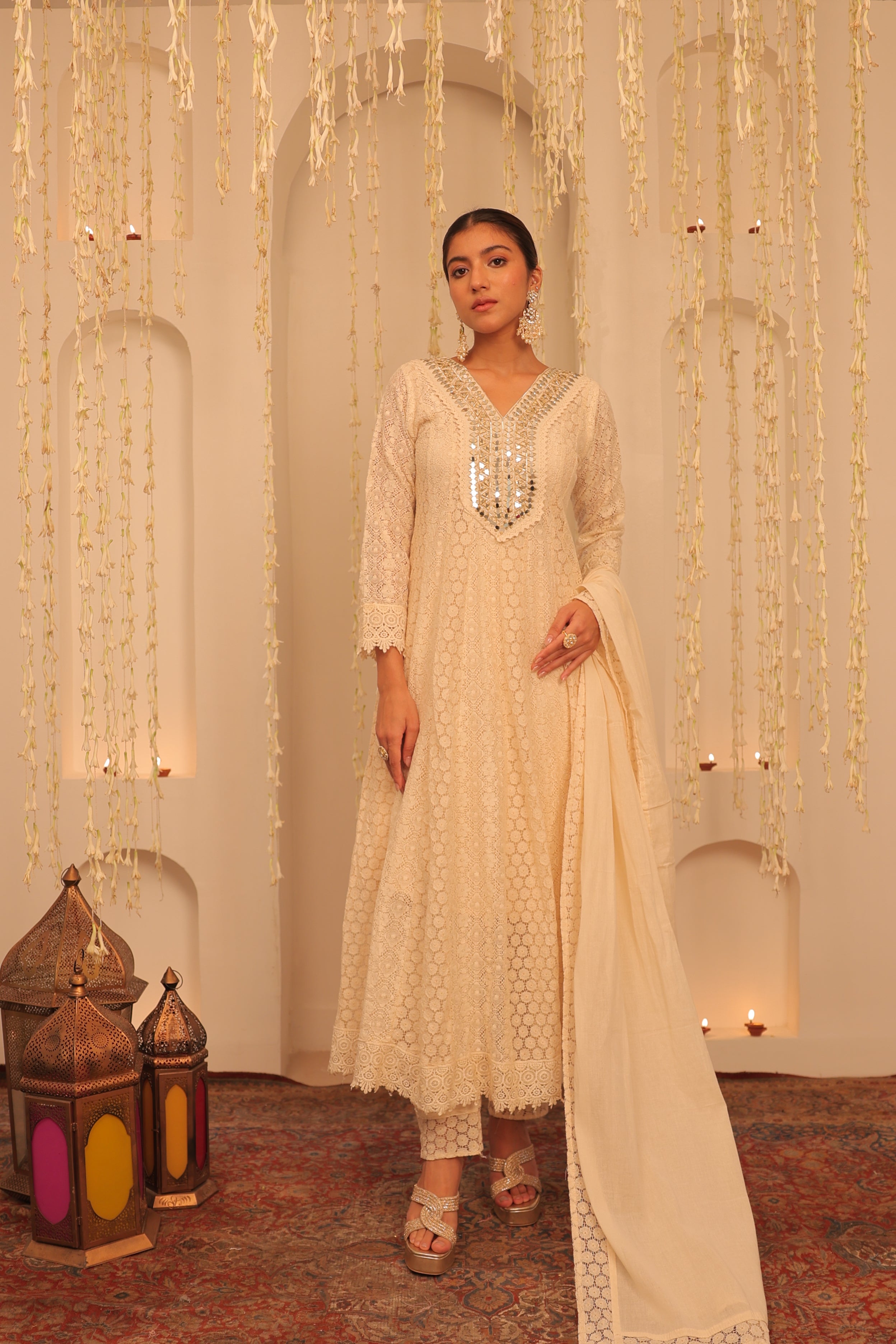 Alaya Mehfil shell White Anarkali Set