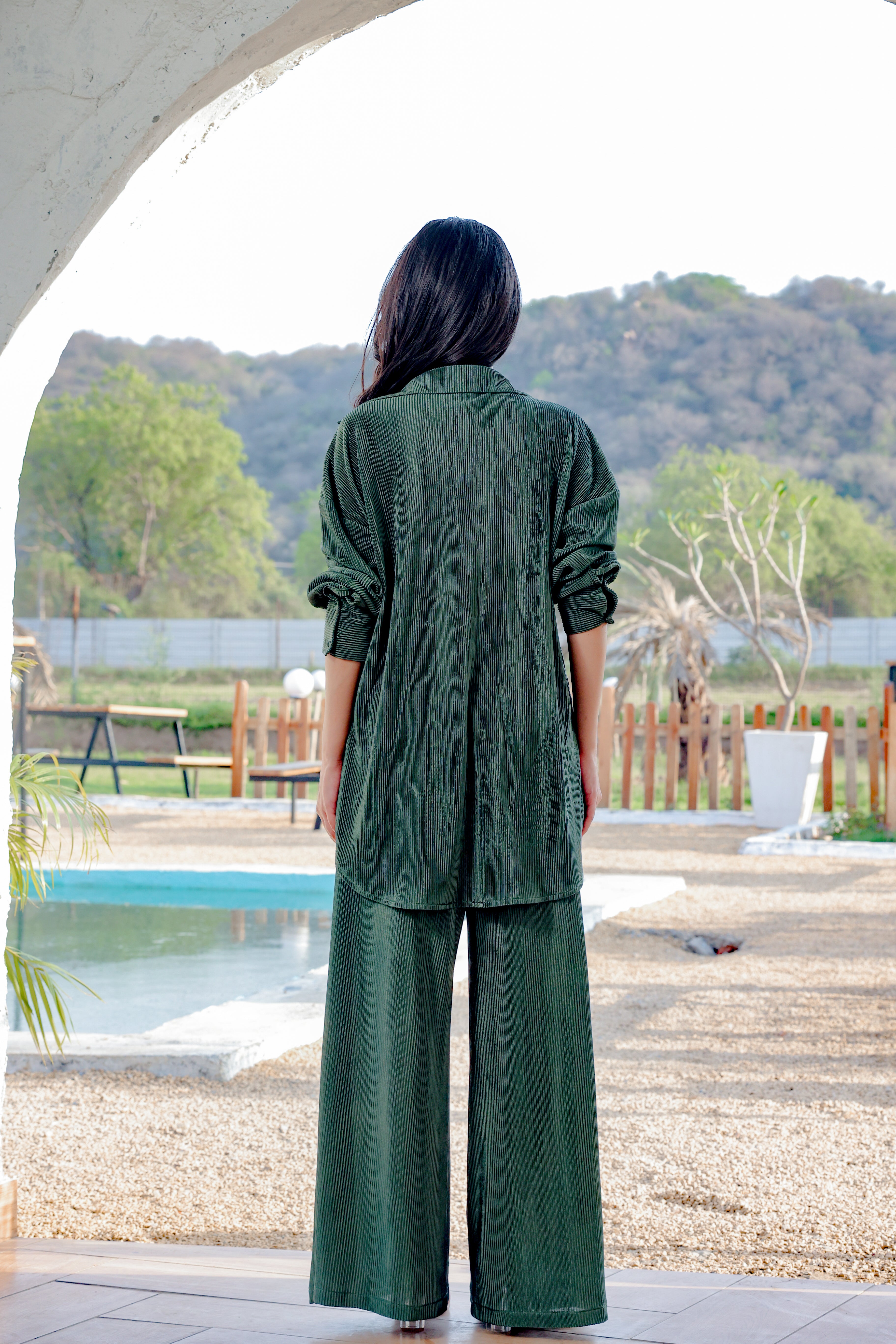 Verona Green Pleated Flared Pants