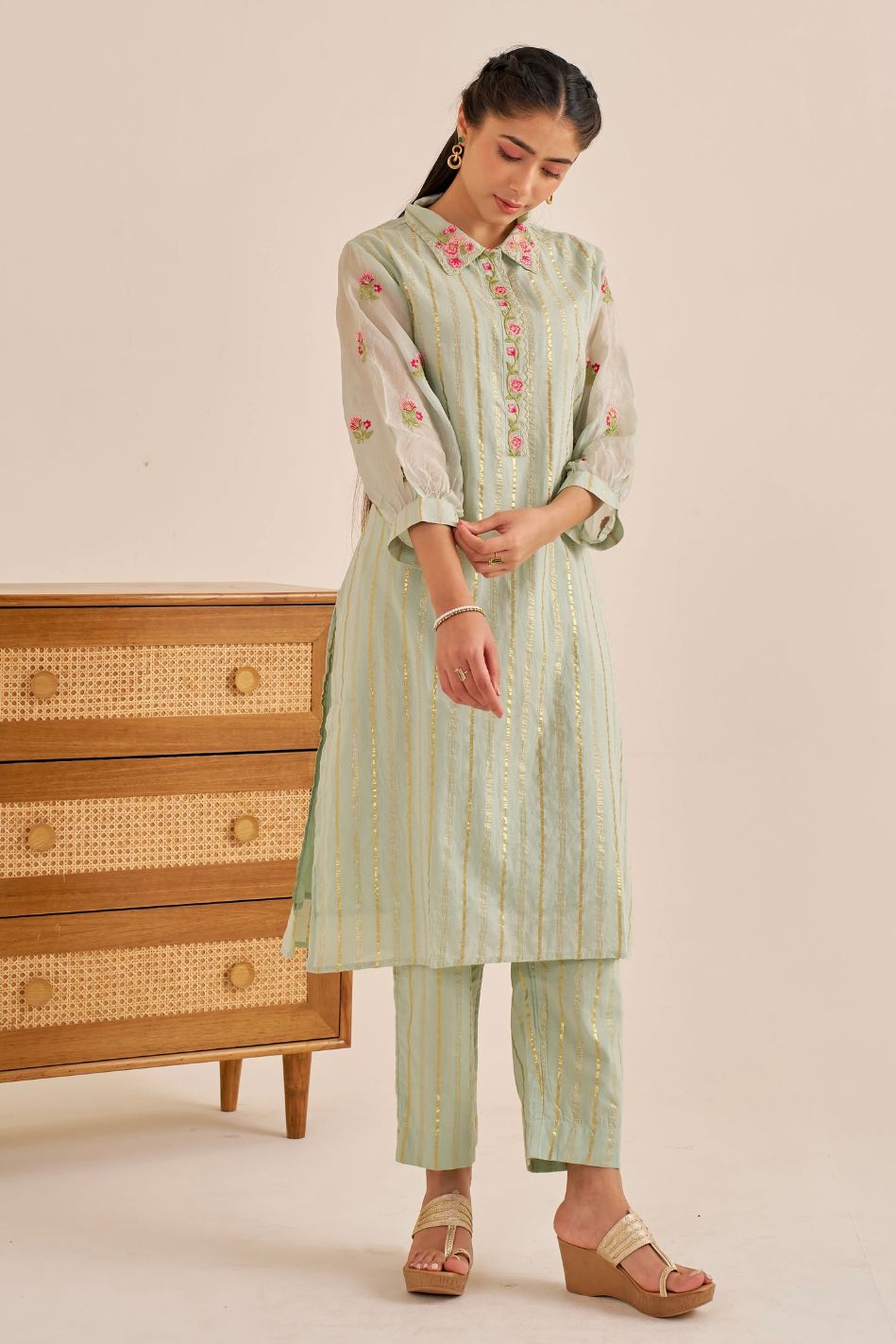 Alaya Meher Green Embroidered Lurex Kurta Set