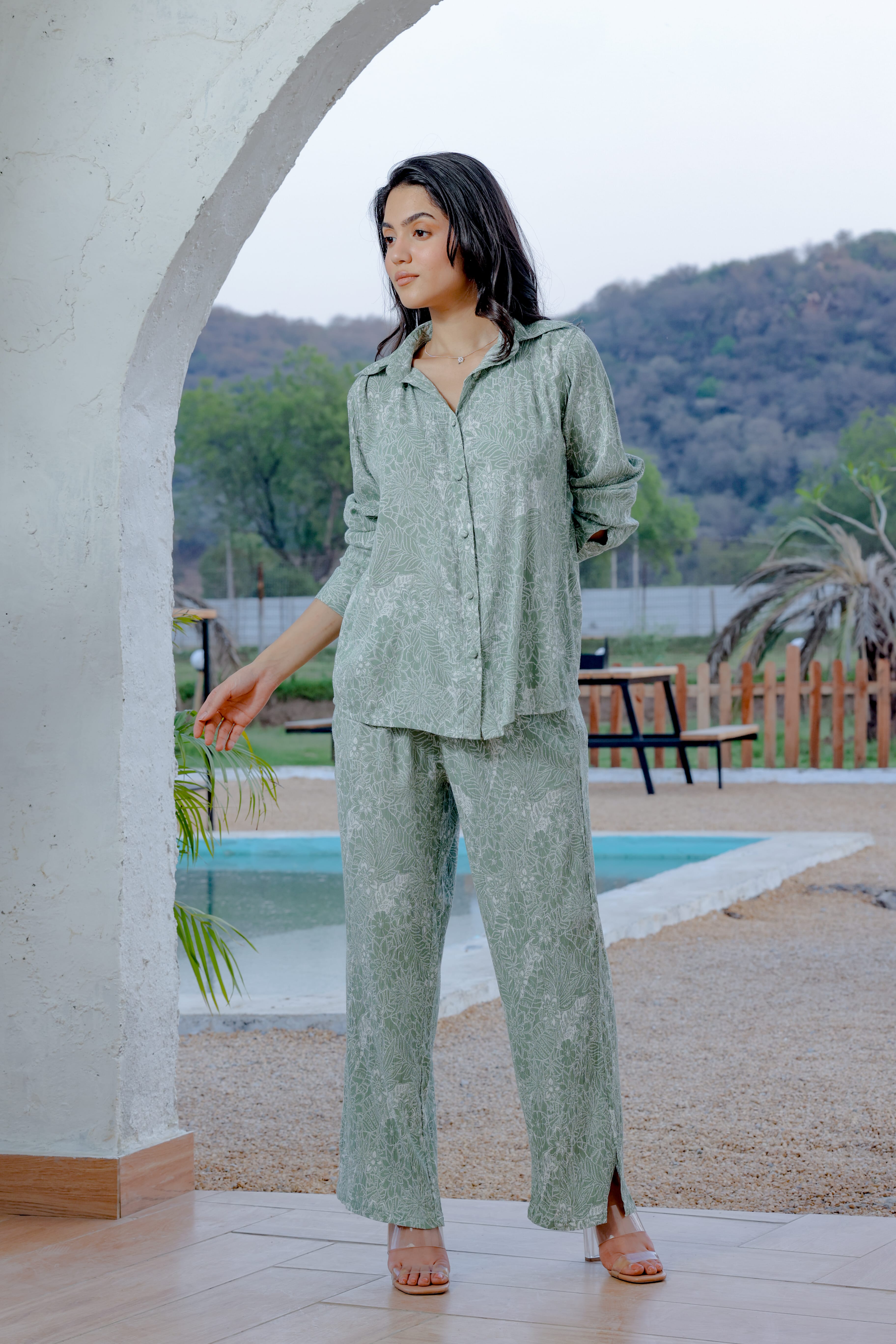 Verona Green Printed Shirt Set