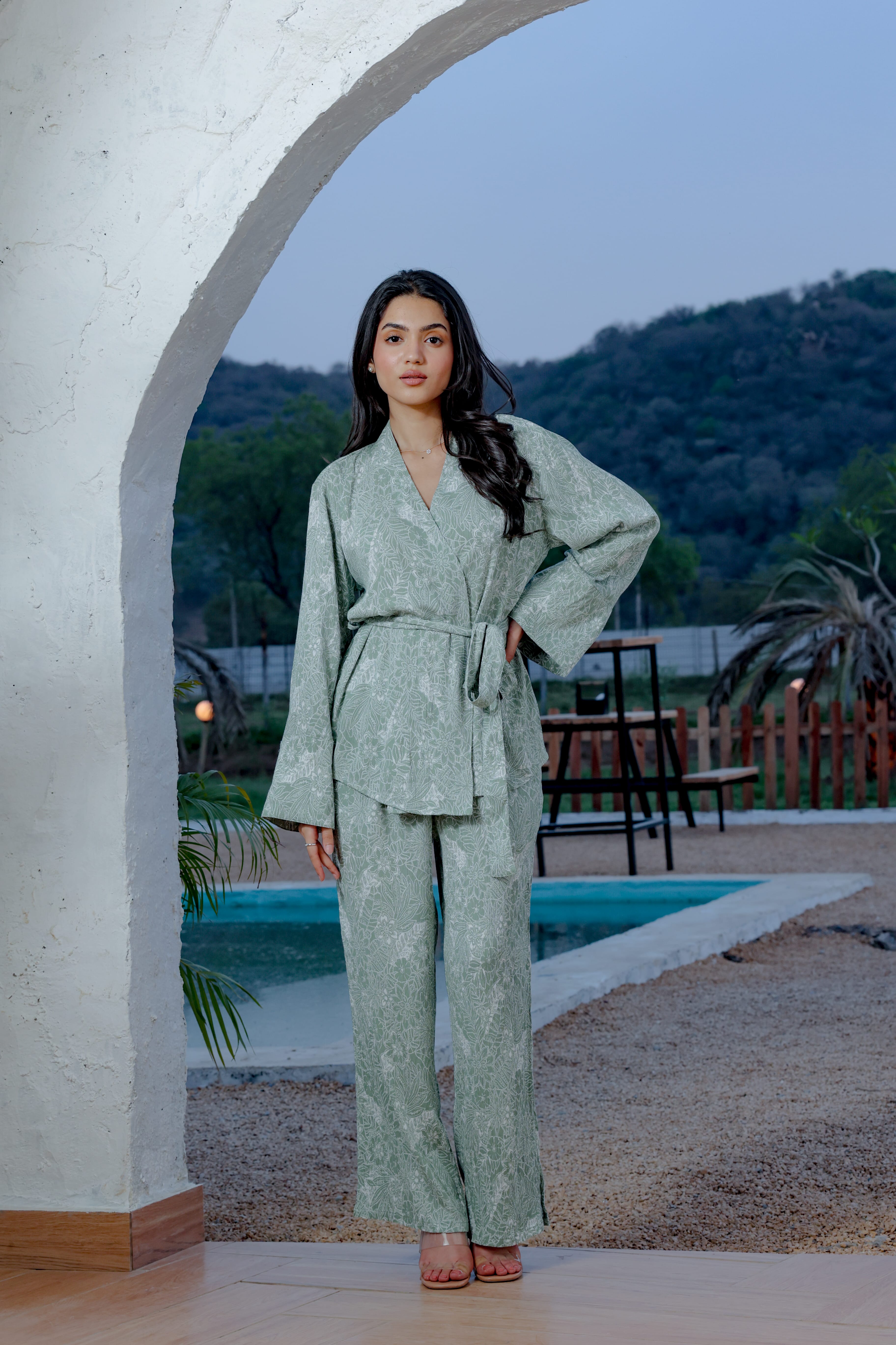 Verona Green Printed Kimono Top and Pants