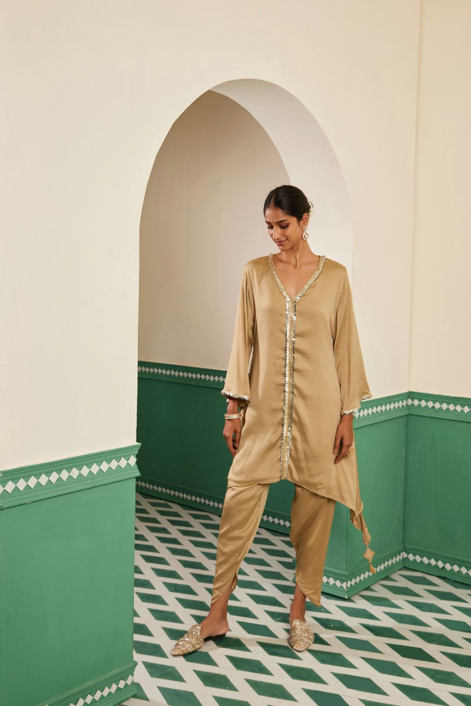 Sajda Champagne Mirrorwork Kurta Set