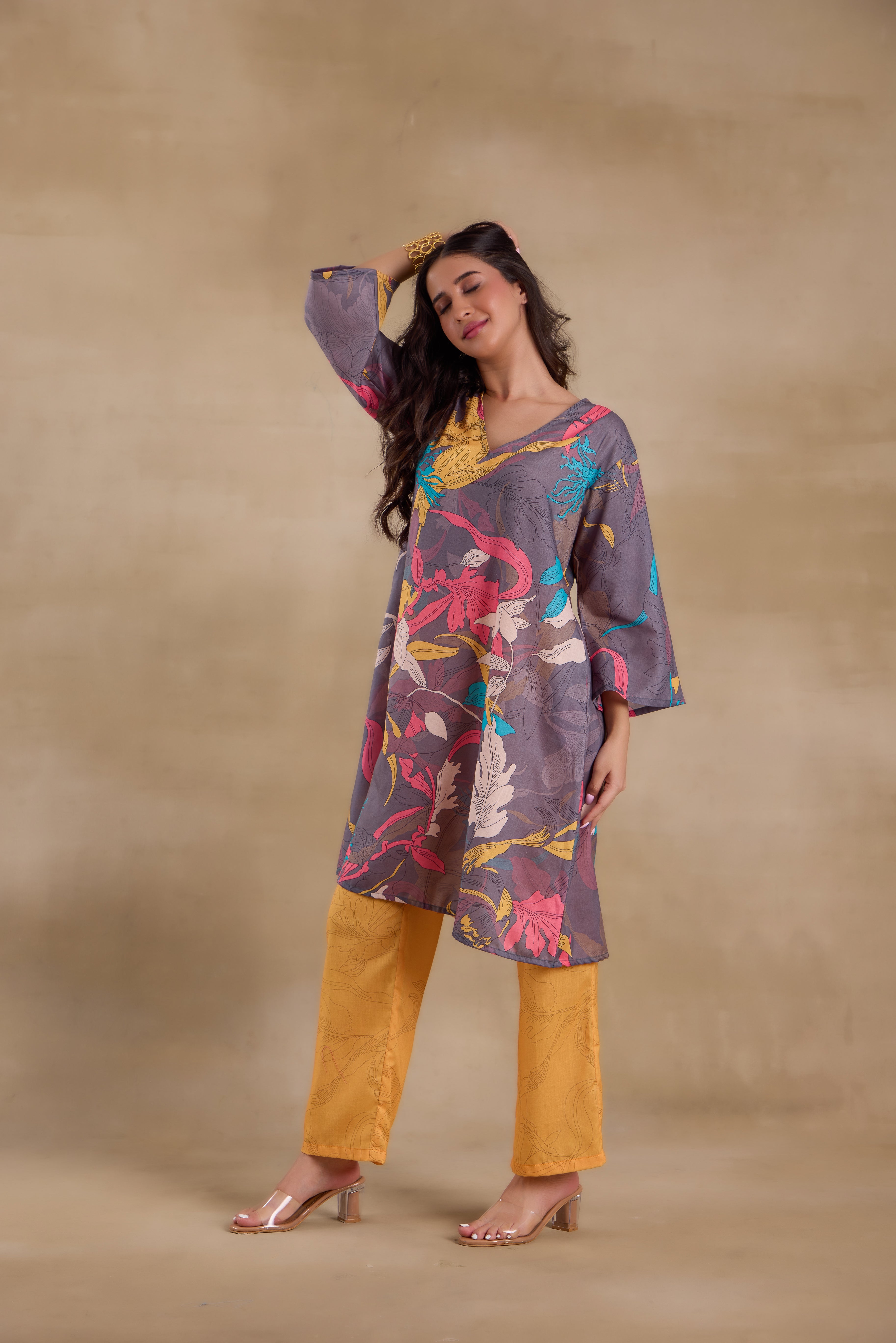 Alaya Pure Cotton Yellow Abstract Floral Kurta Set