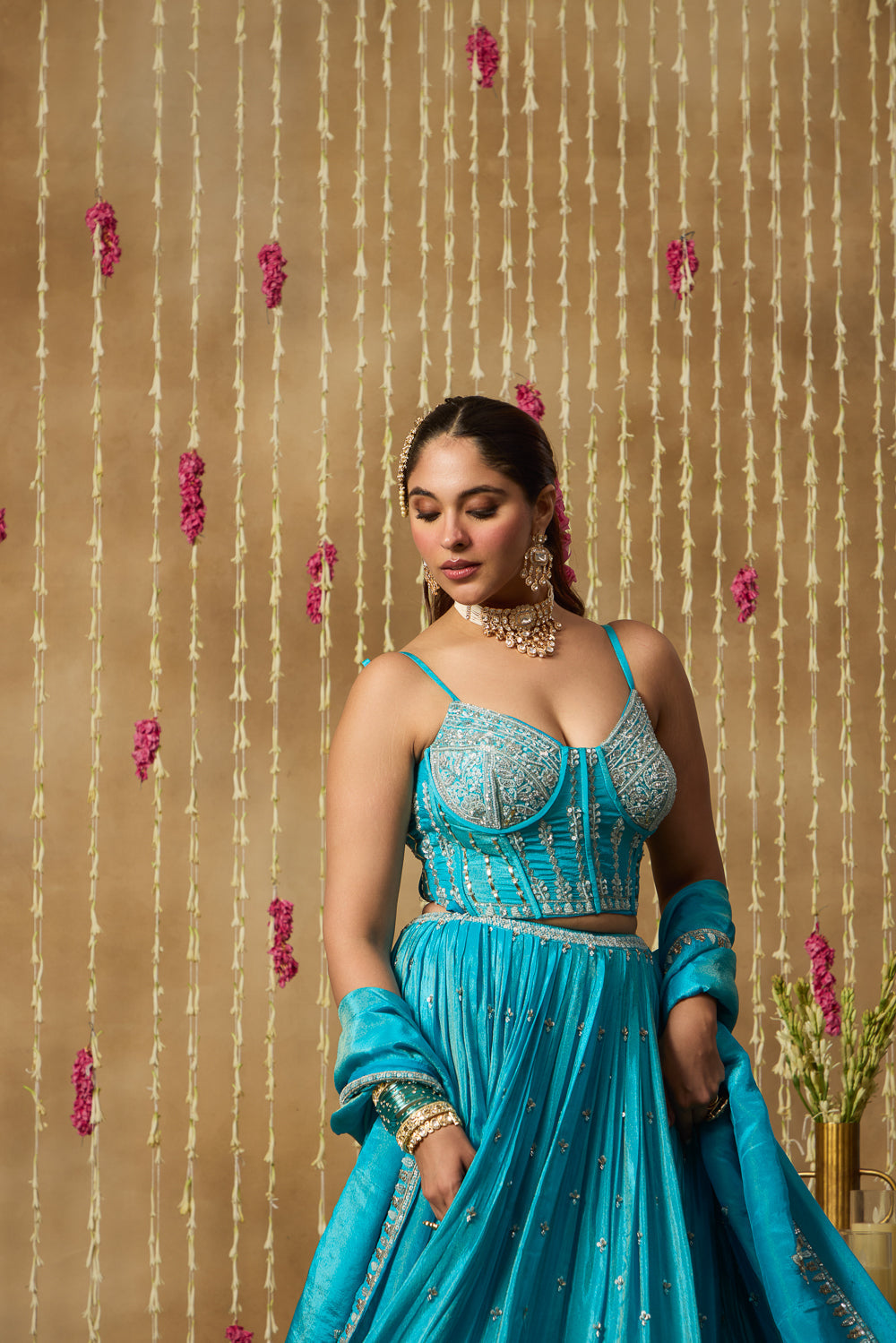 Jhoom Turquoise Bloom Embroidered Lehenga Set