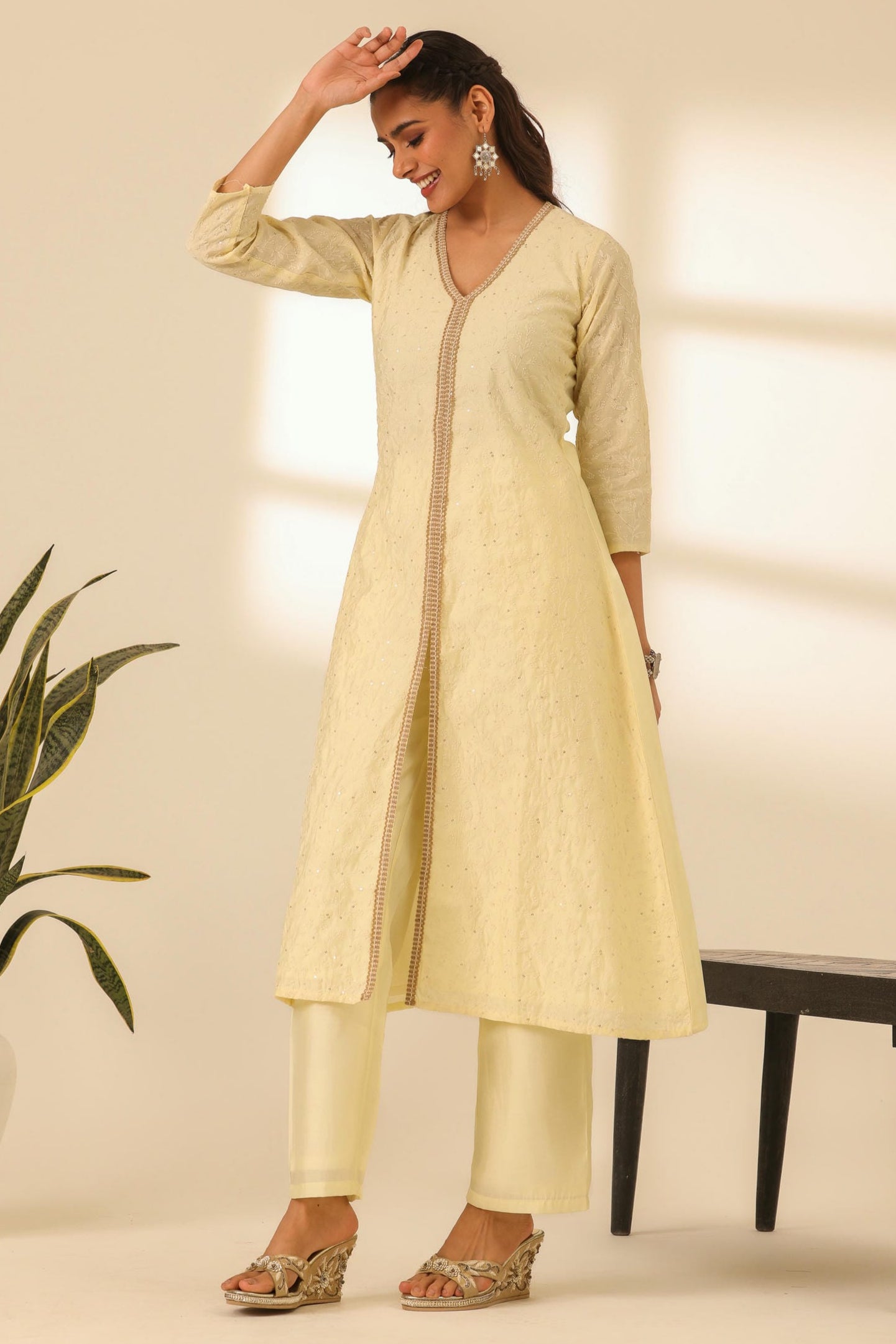 Rangrez Butter Yellow A Line Embroidered Kurta