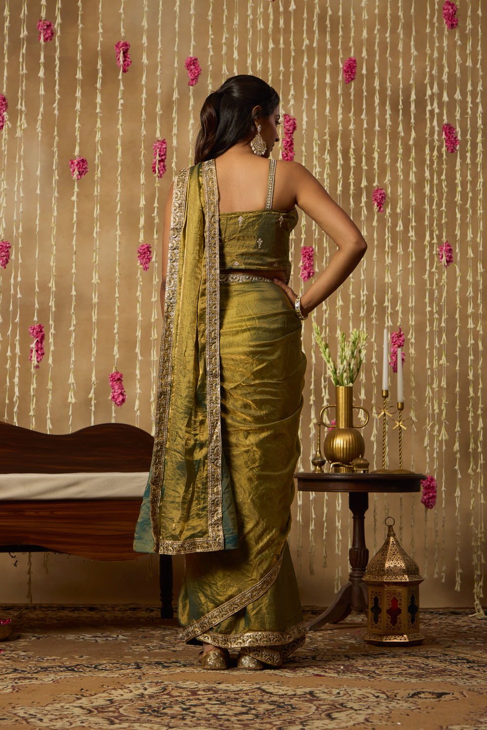 Jhoom Olive Embroidered Saree Set
