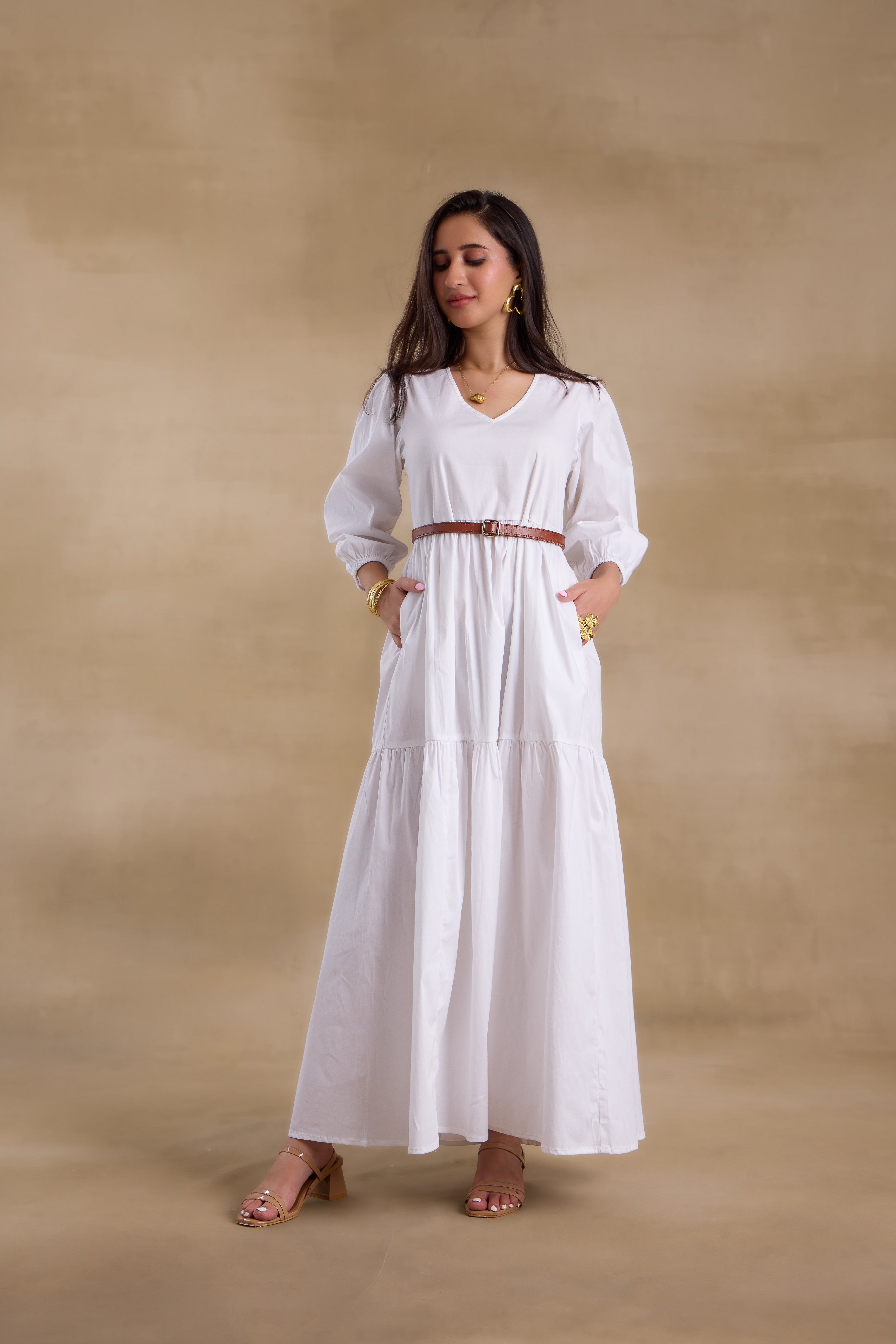 Alaya Essentials White Flared Long Dress