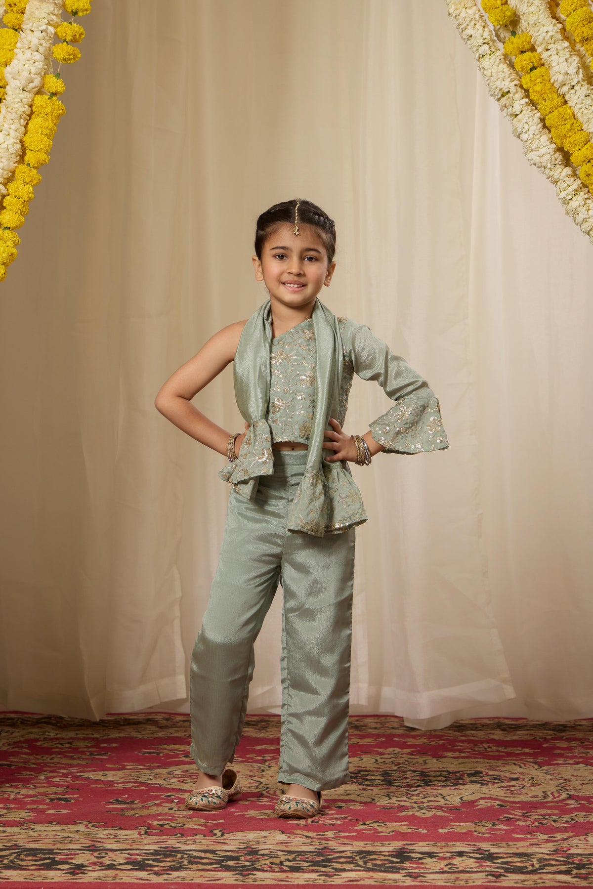 Alaya Kids Smoke Green One Shoulder Fusion Set