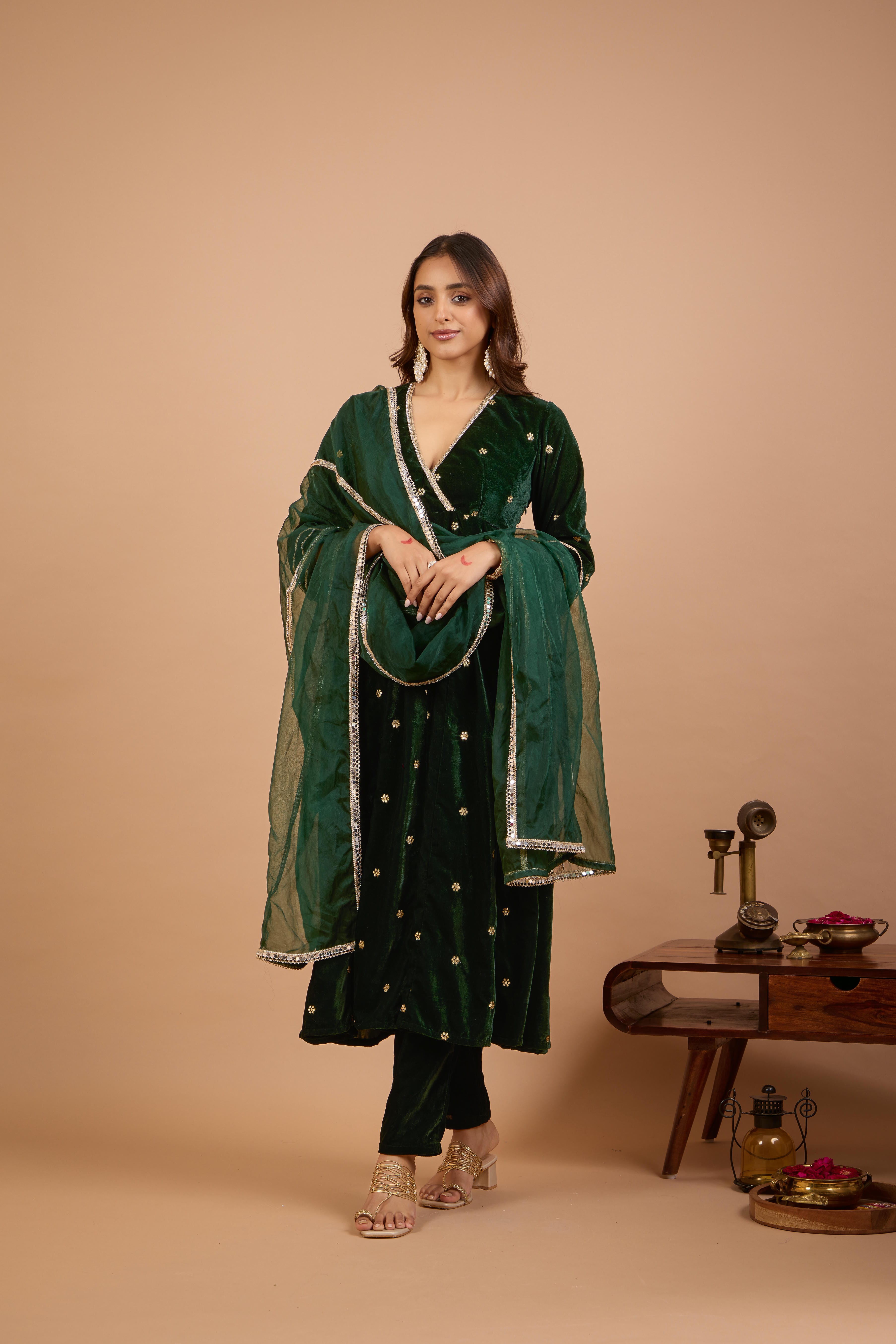 Alaya Jugni Emerald Glow Velvet Anarkali Set