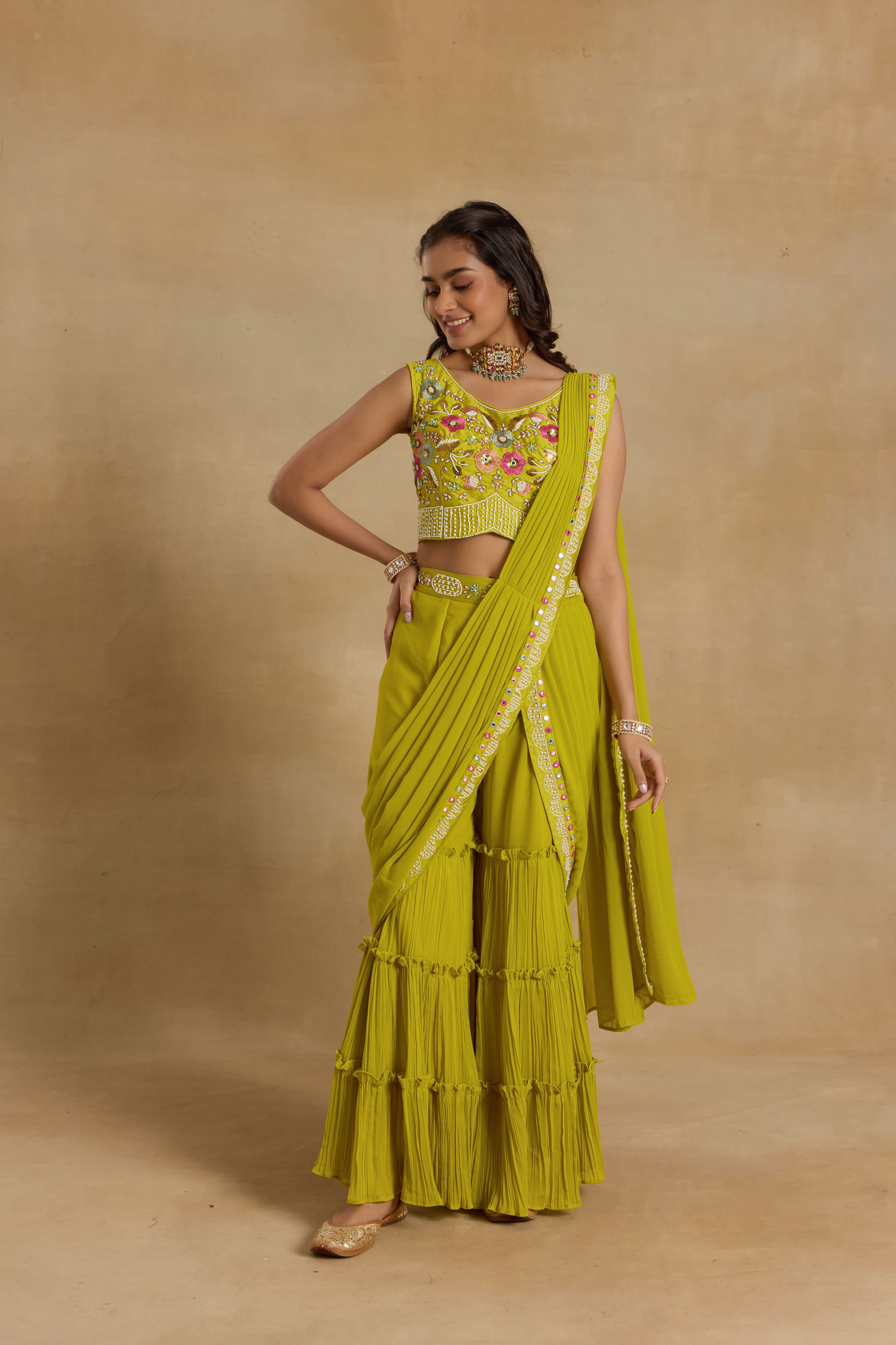 Alaya Heer Tangy Lime Garara Sari Set