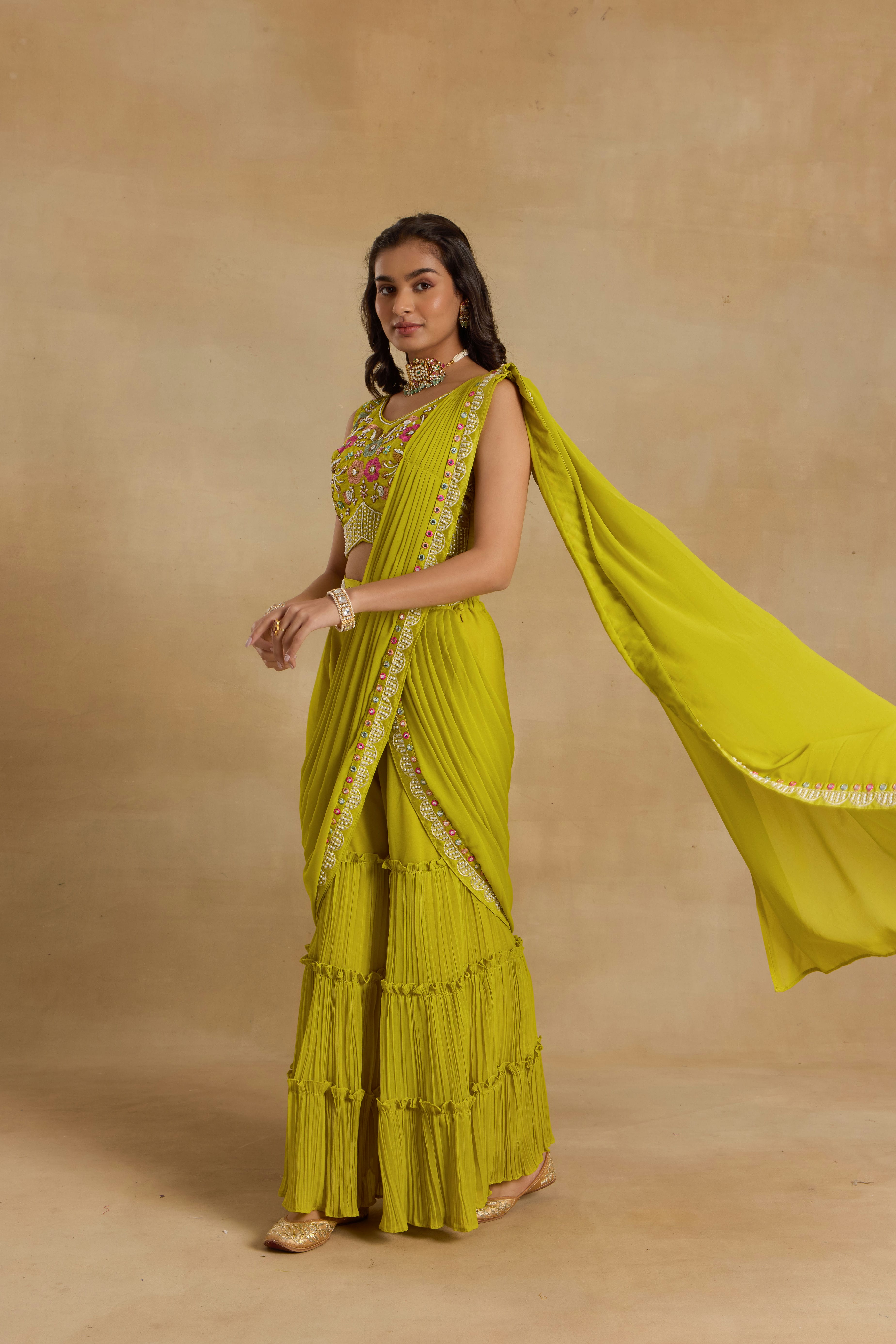 Alaya Heer Tangy Lime Garara Sari Set