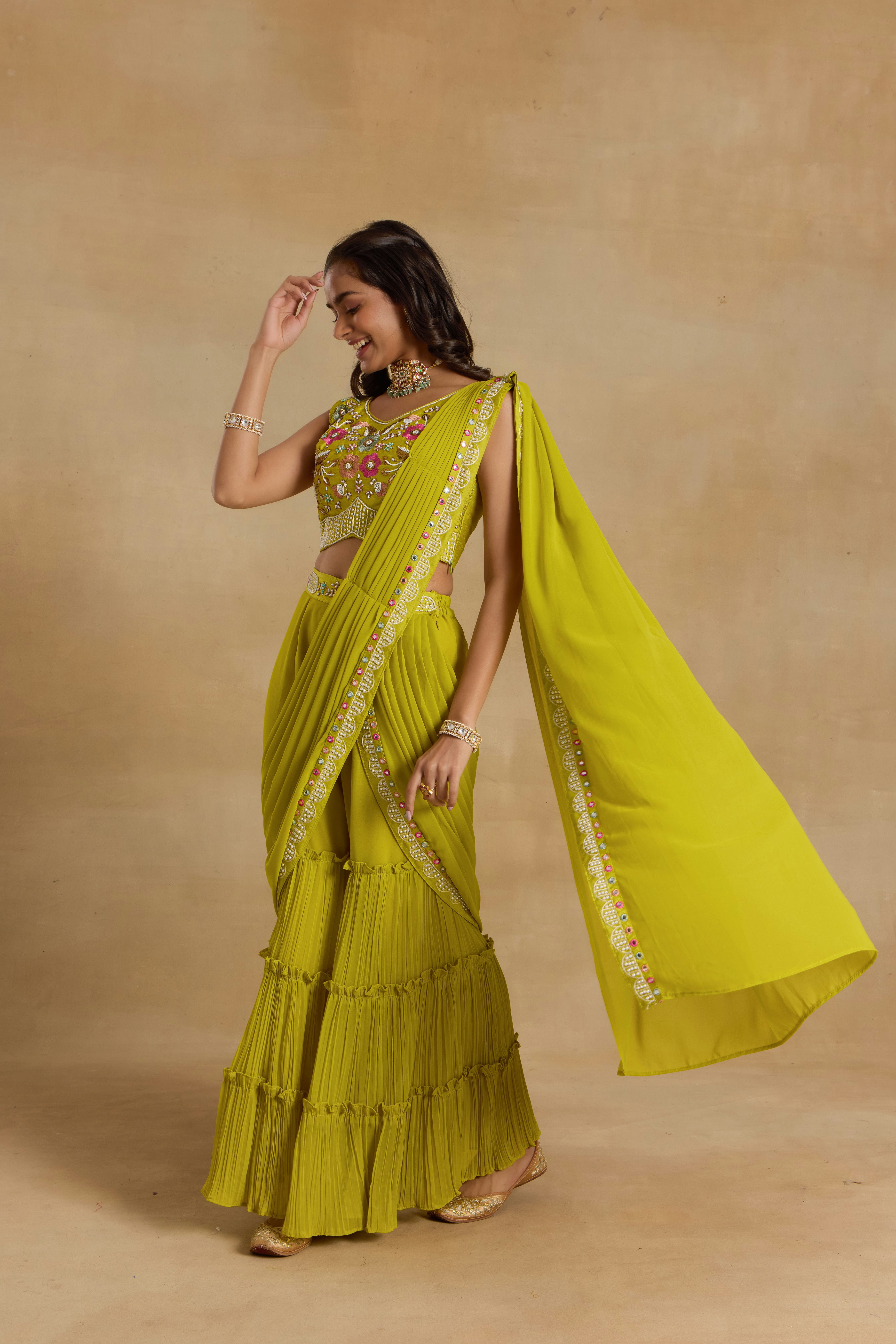 Alaya Heer Tangy Lime Garara Sari Set