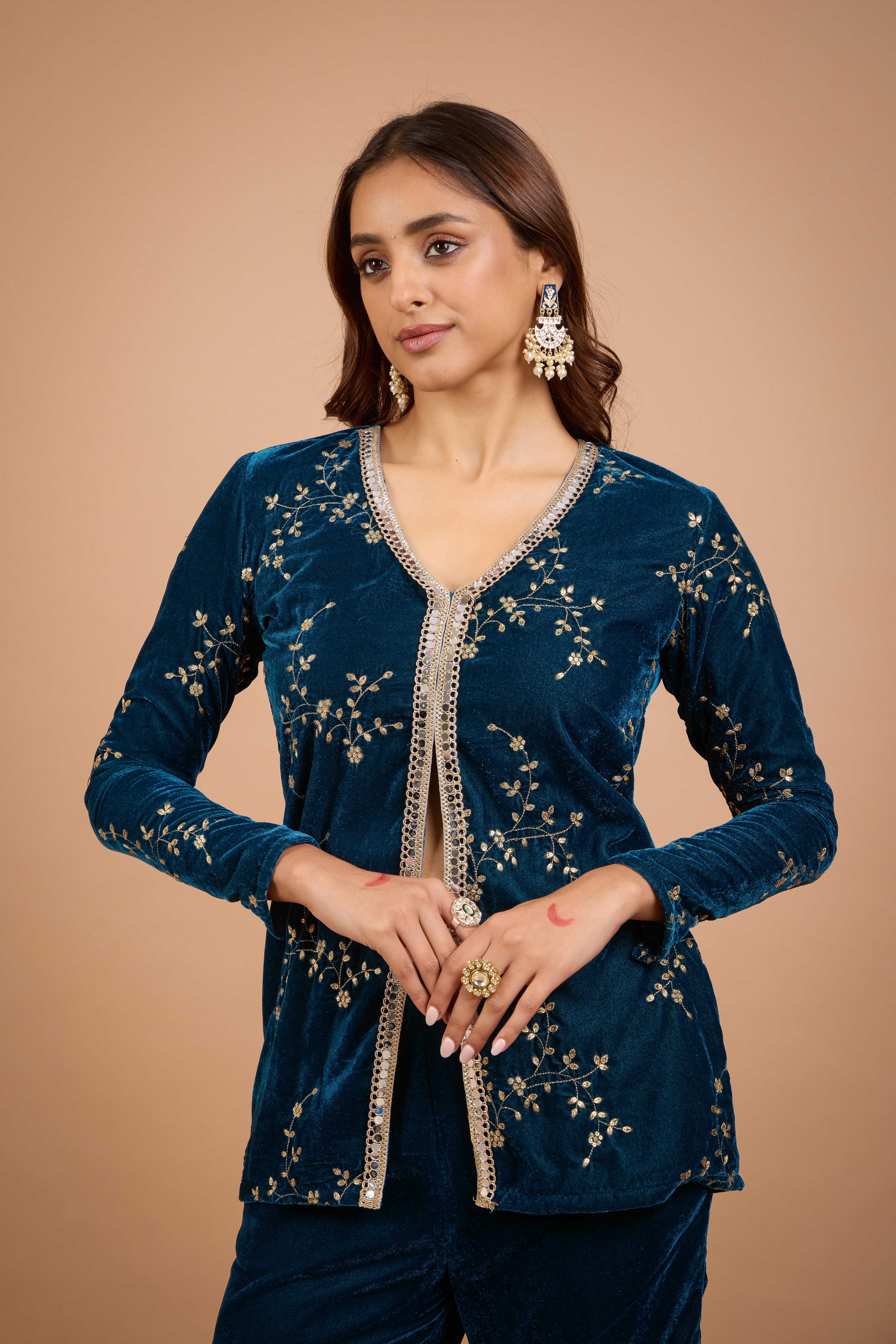 Alaya Jugni Bahamas Blue Velvet Jacket Kurta Set