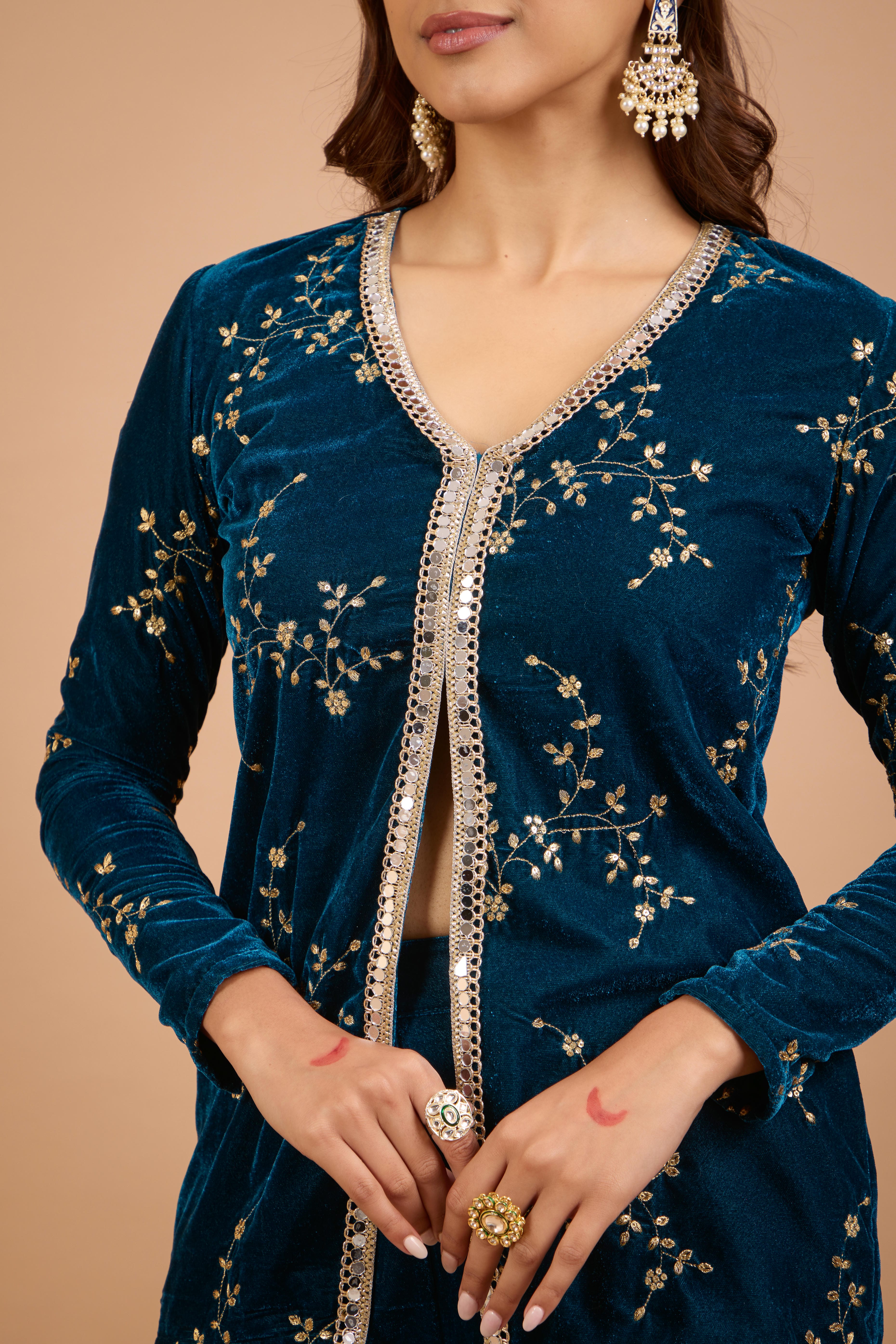 Alaya Jugni Bahamas Blue Velvet Jacket Kurta Set