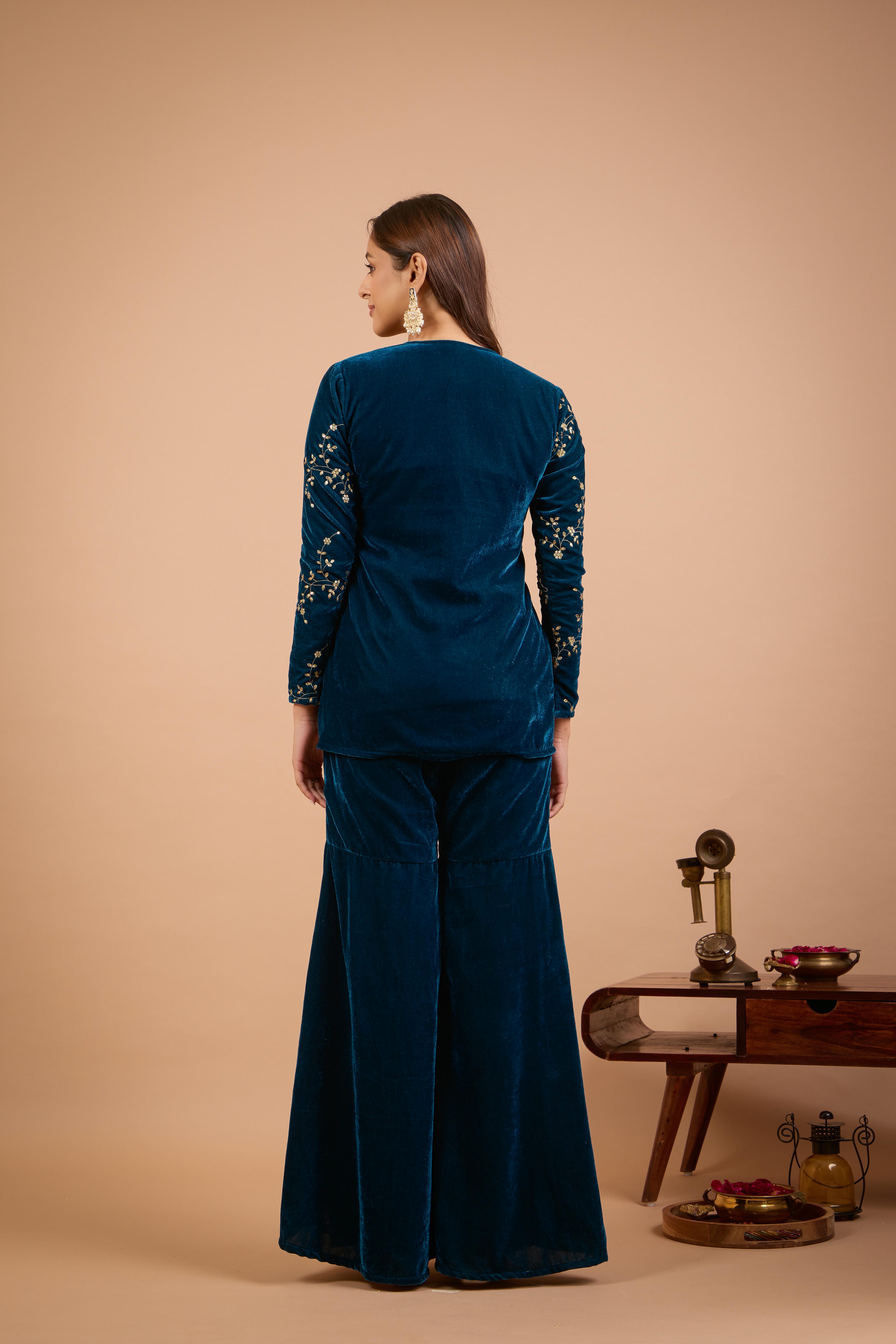 Alaya Jugni Bahamas Blue Velvet Jacket Kurta Set