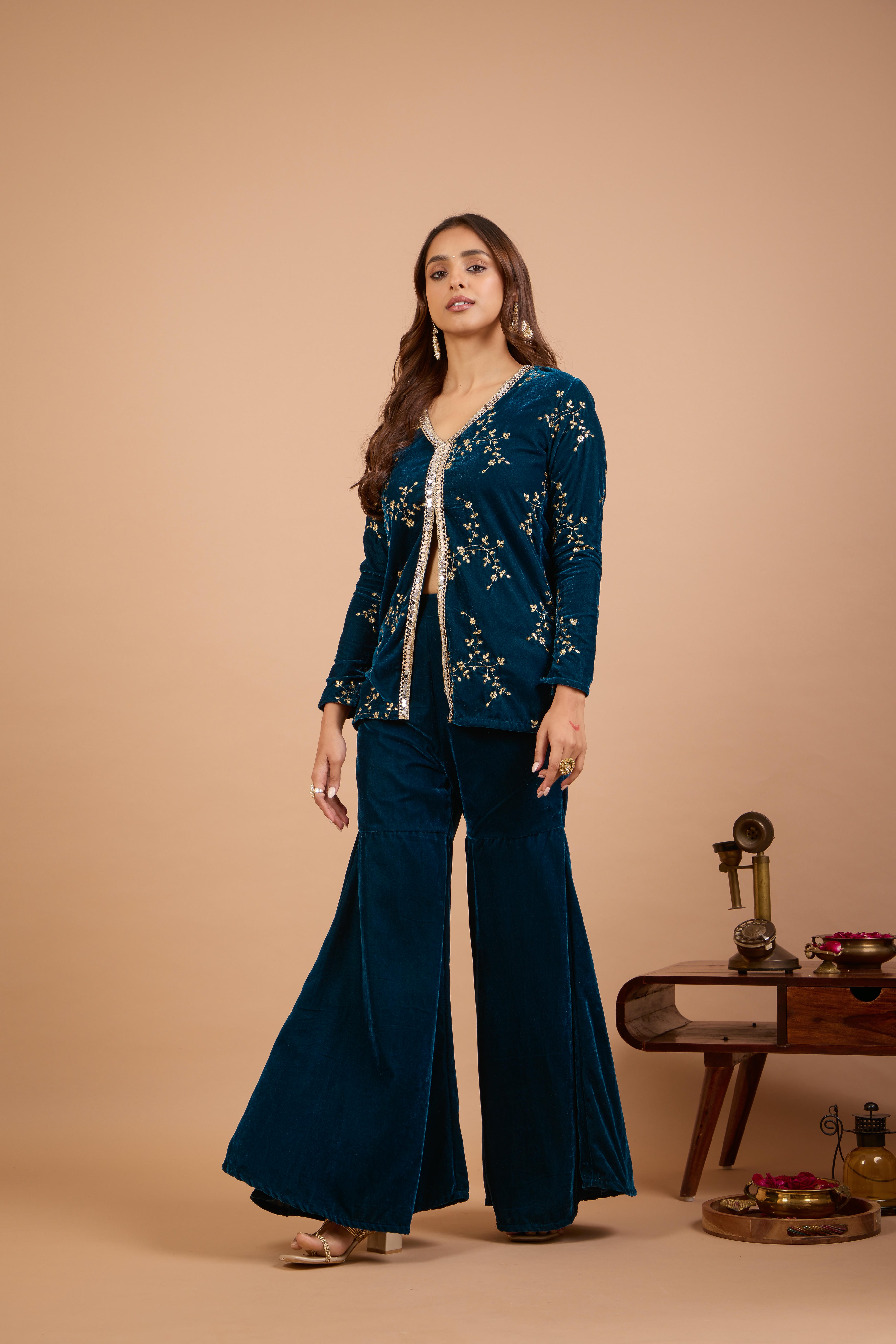 Alaya Jugni Bahamas Blue Velvet Jacket Kurta Set