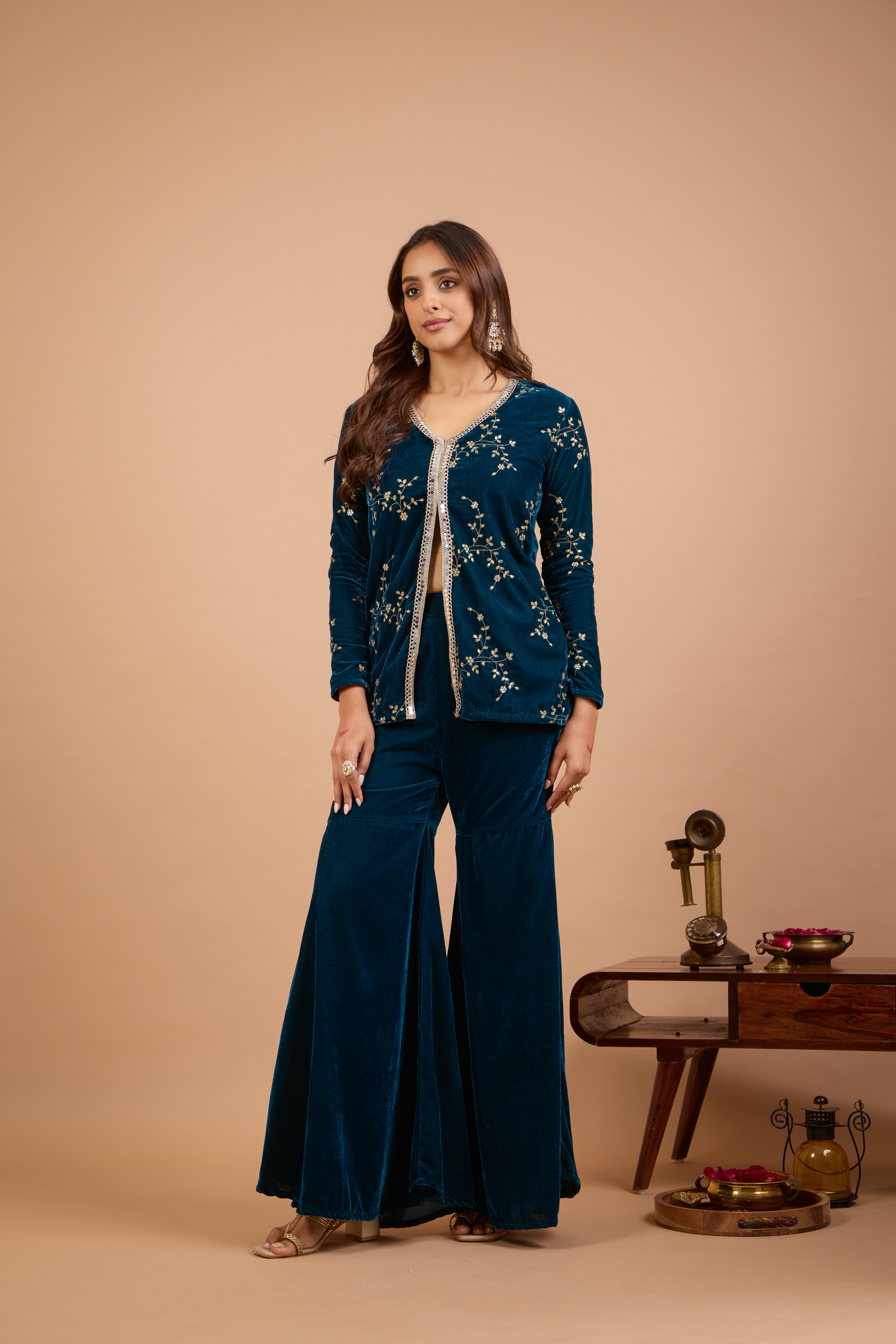 Alaya Jugni Bahamas Blue Velvet Jacket Kurta Set