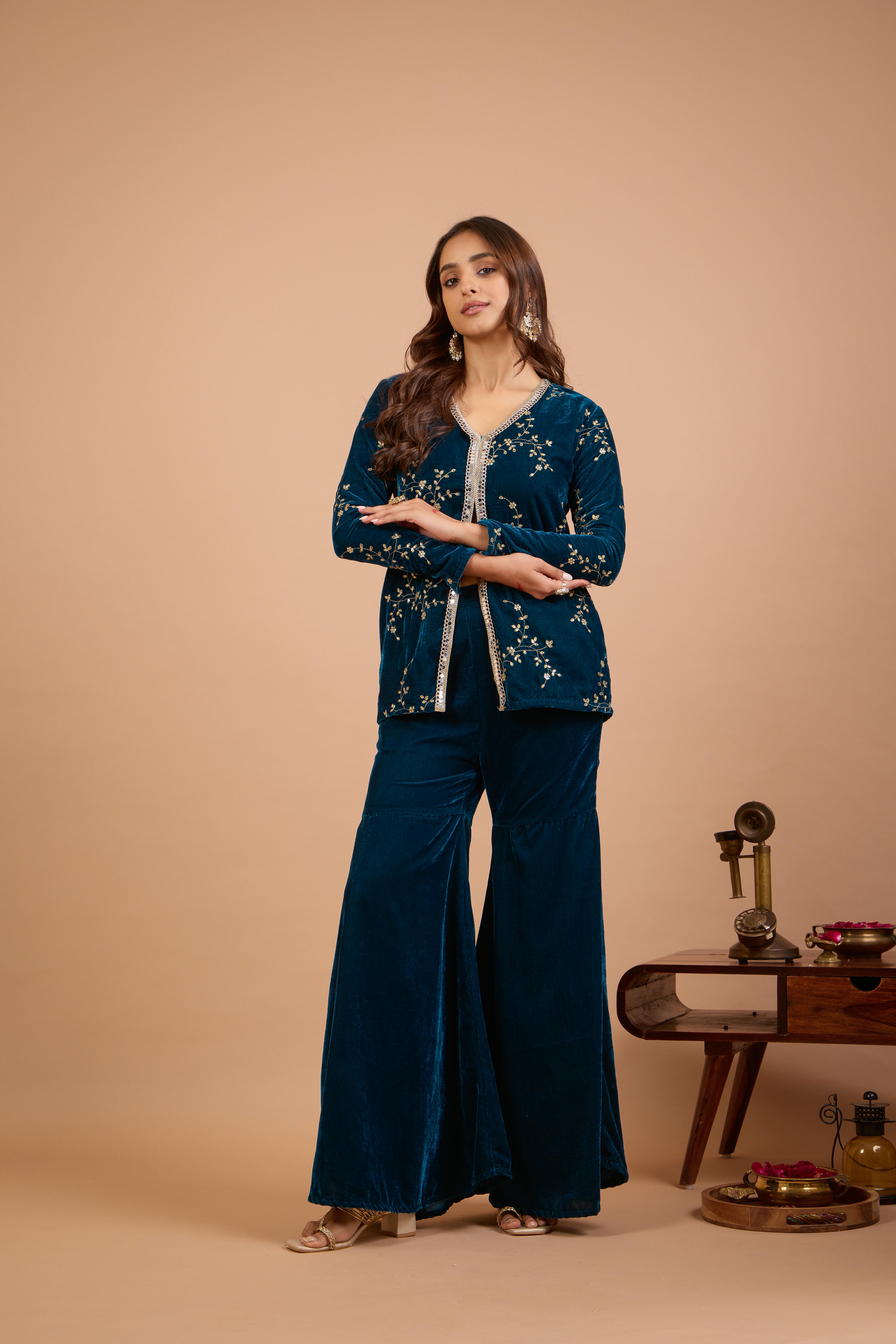 Alaya Jugni Bahamas Blue Velvet Jacket Kurta Set