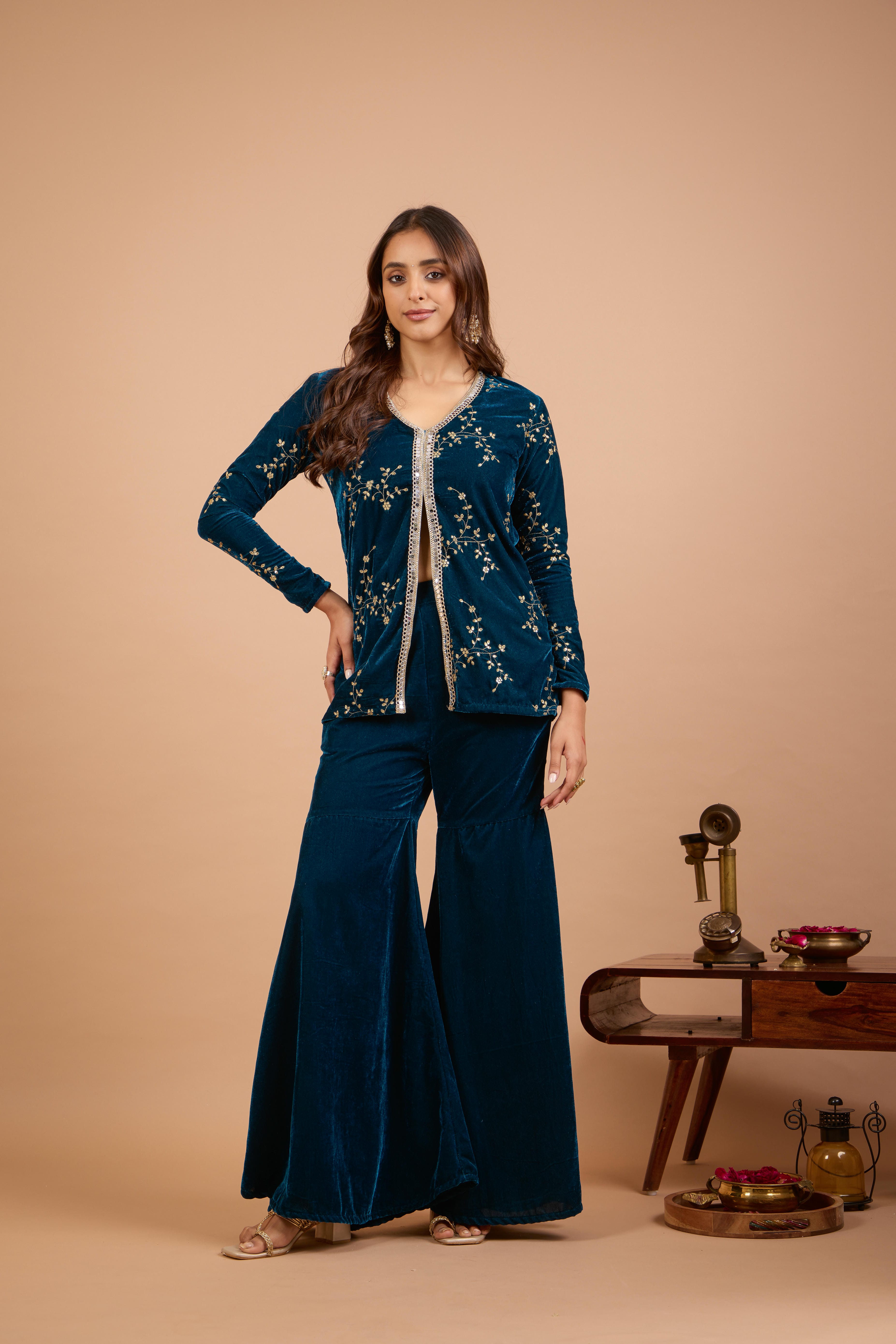 Alaya Jugni Bahamas Blue Velvet Jacket Kurta Set