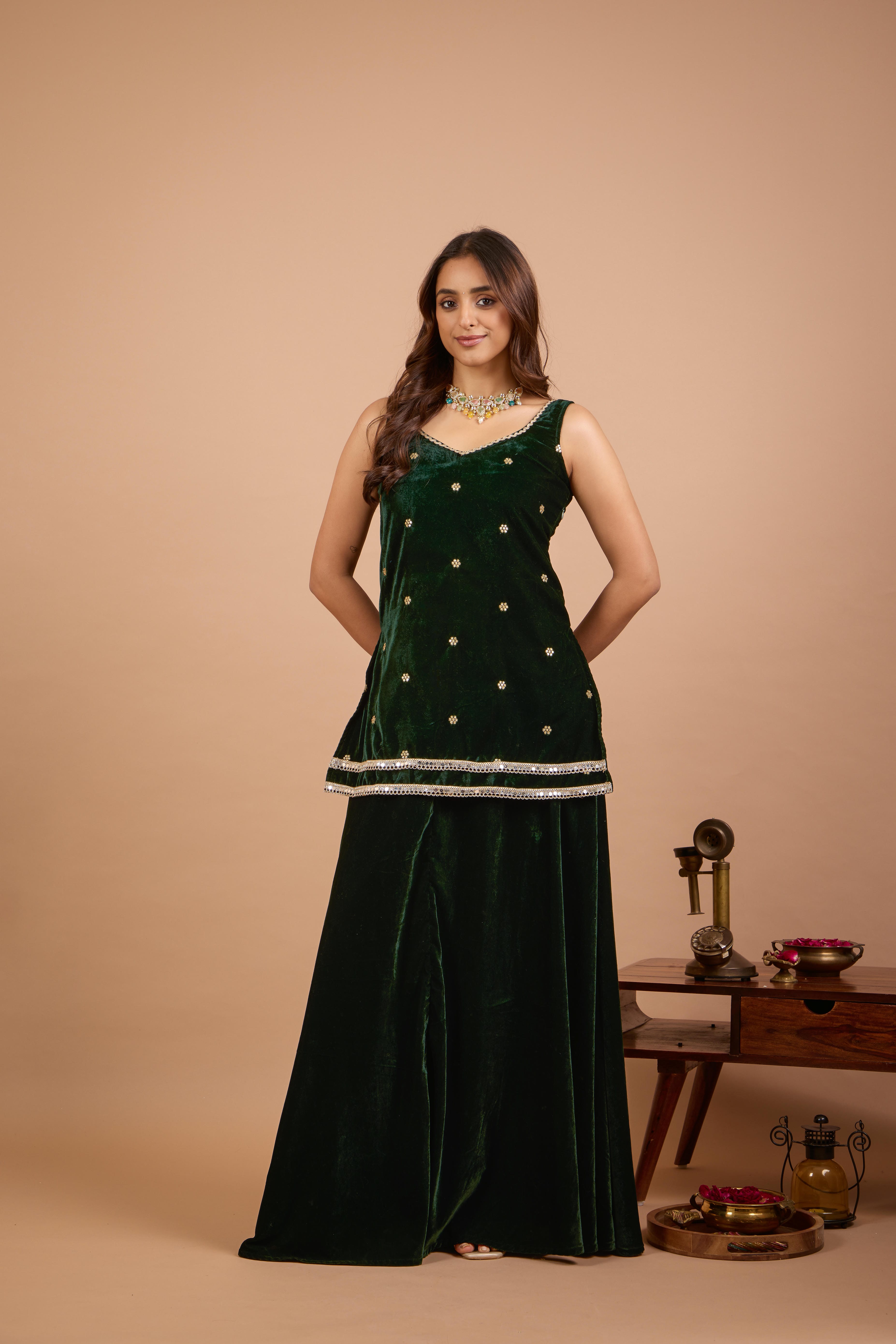 Alaya Jugni Emerald Luxe Velvet Cami Kurta Set