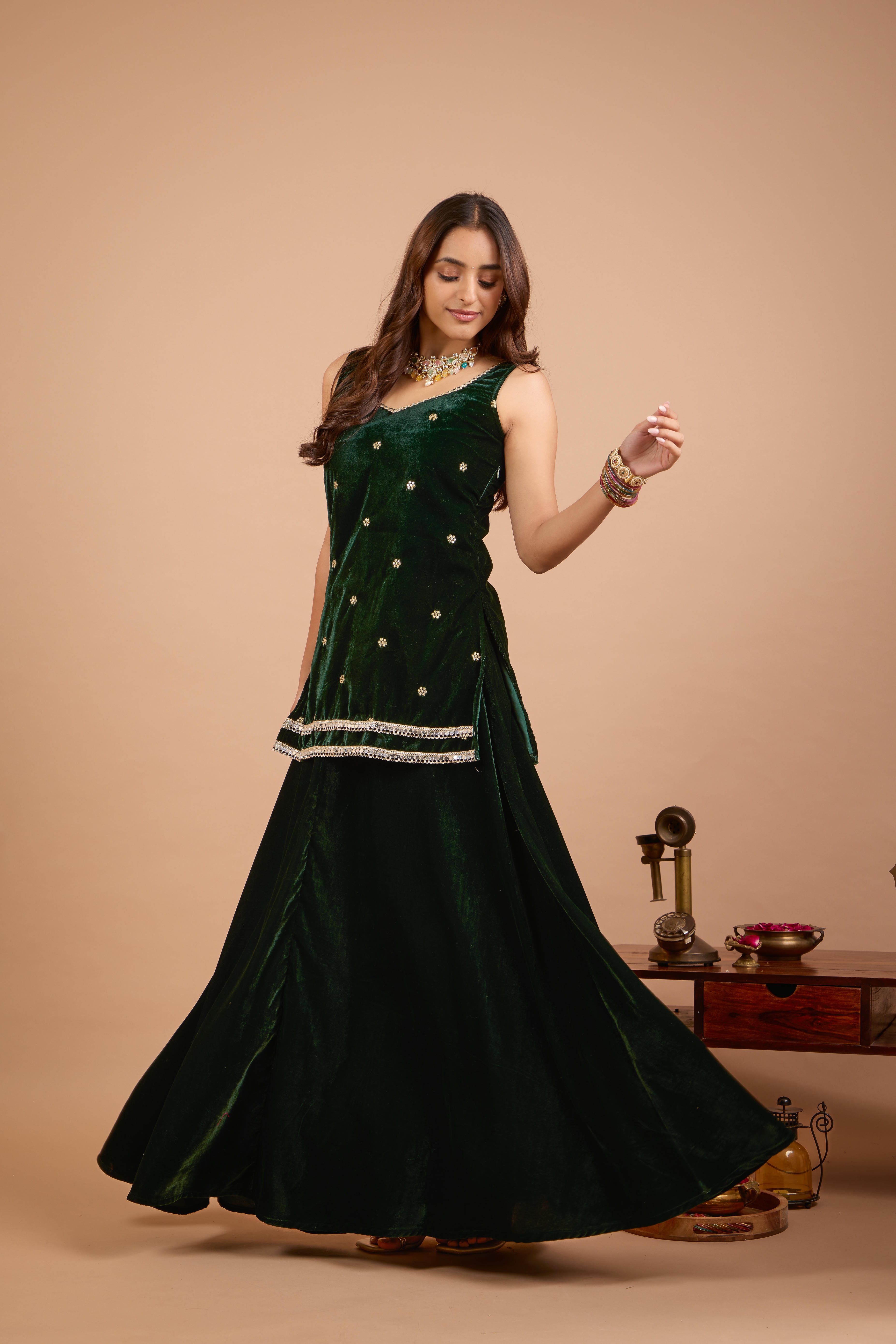 Alaya Jugni Emerald Luxe Velvet Cami Kurta Set