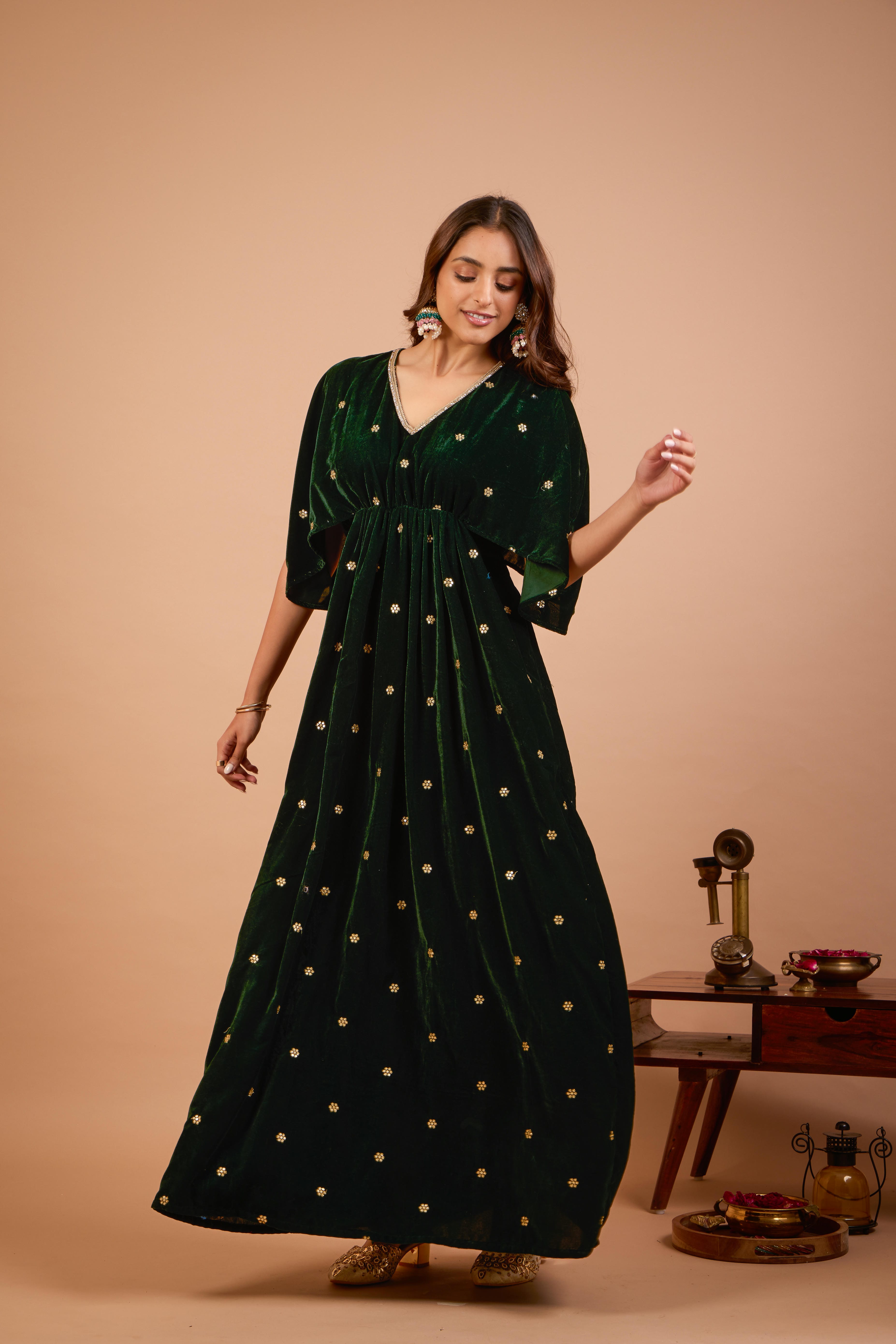 Alaya Jugni Emerald Green Velvet Vines Kaftan