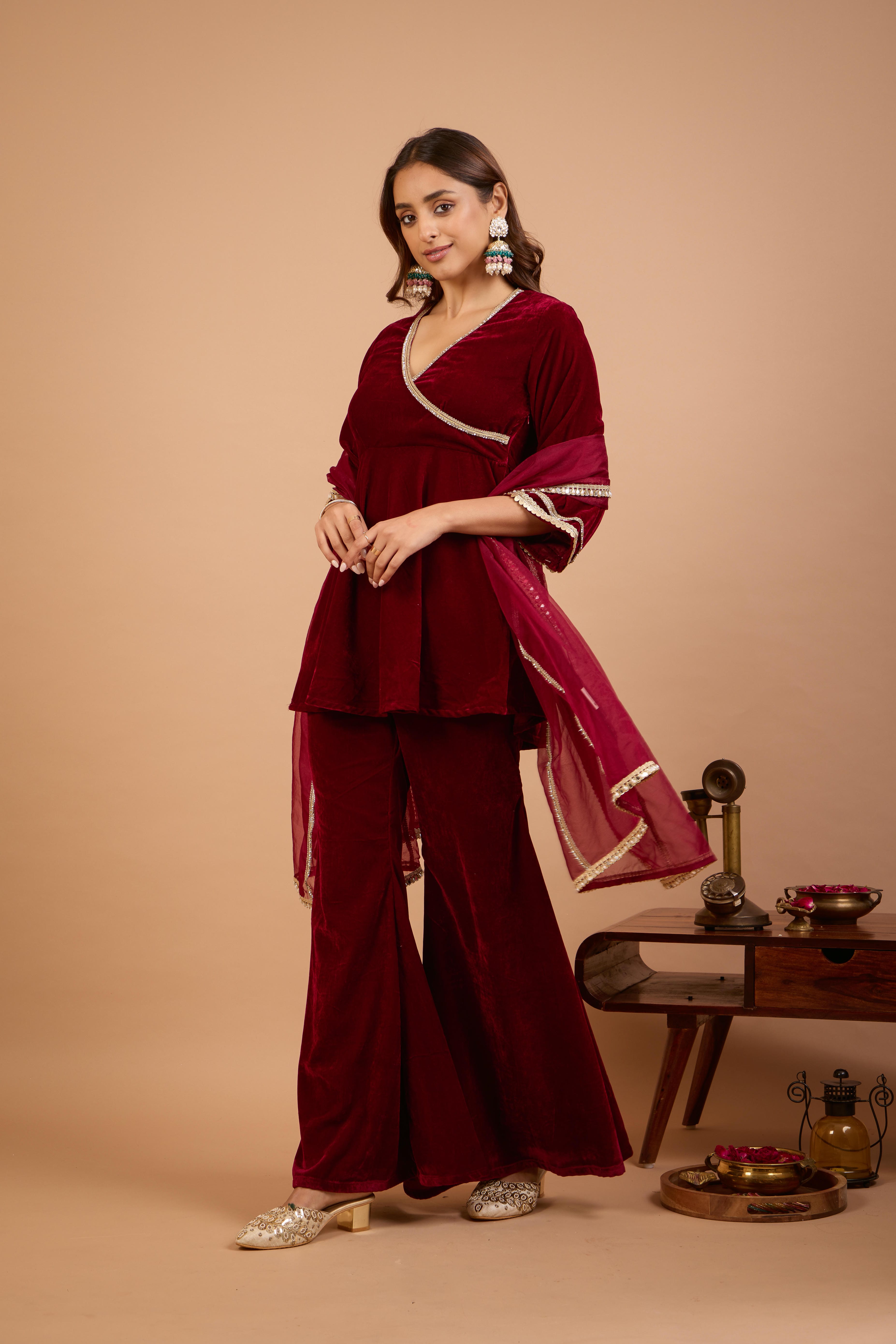 Alaya Jugni Plum Red Peplum Kurta with Plain Gharara