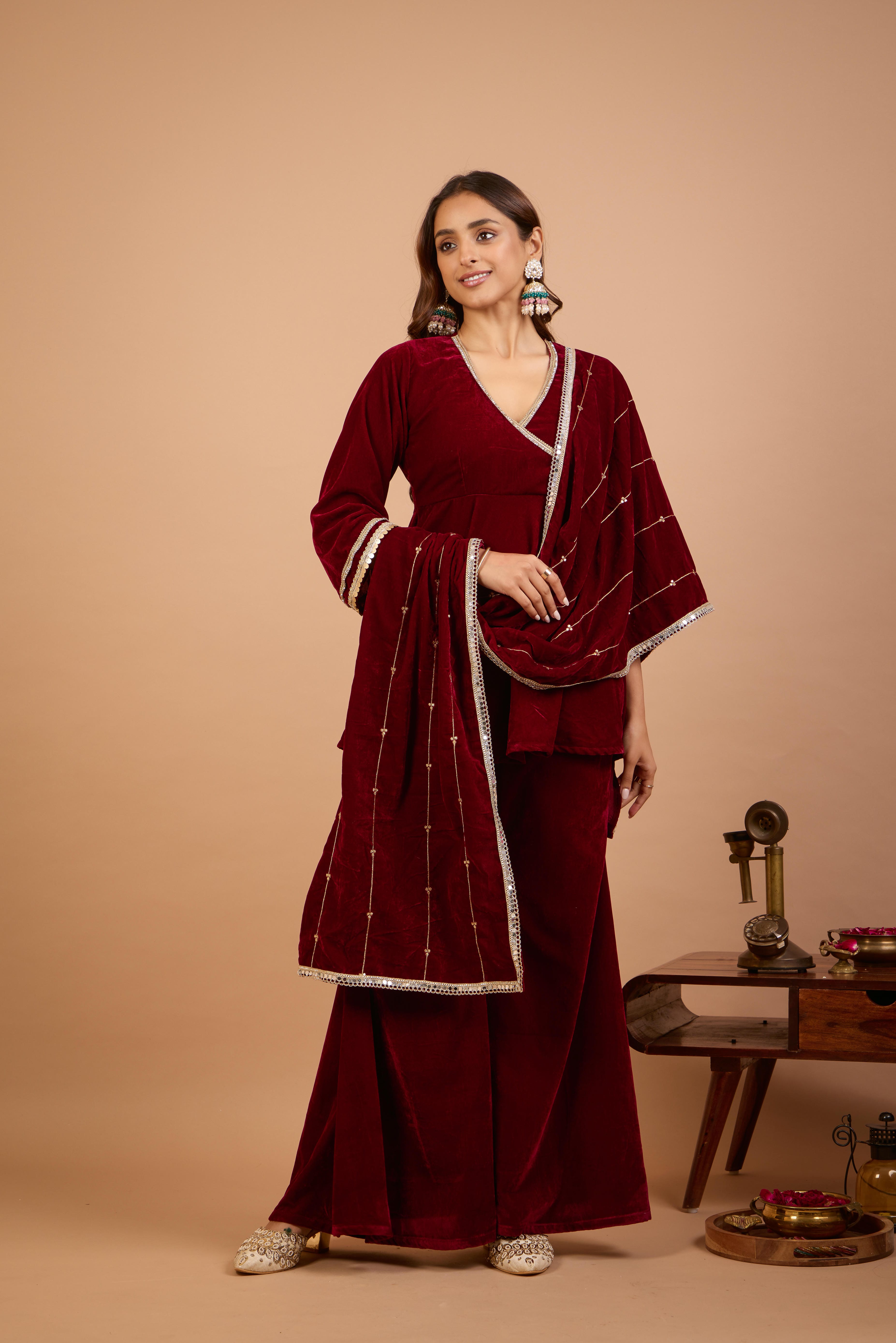 Alaya Jugni Plum Red Peplum Kurta with Plain Gharara