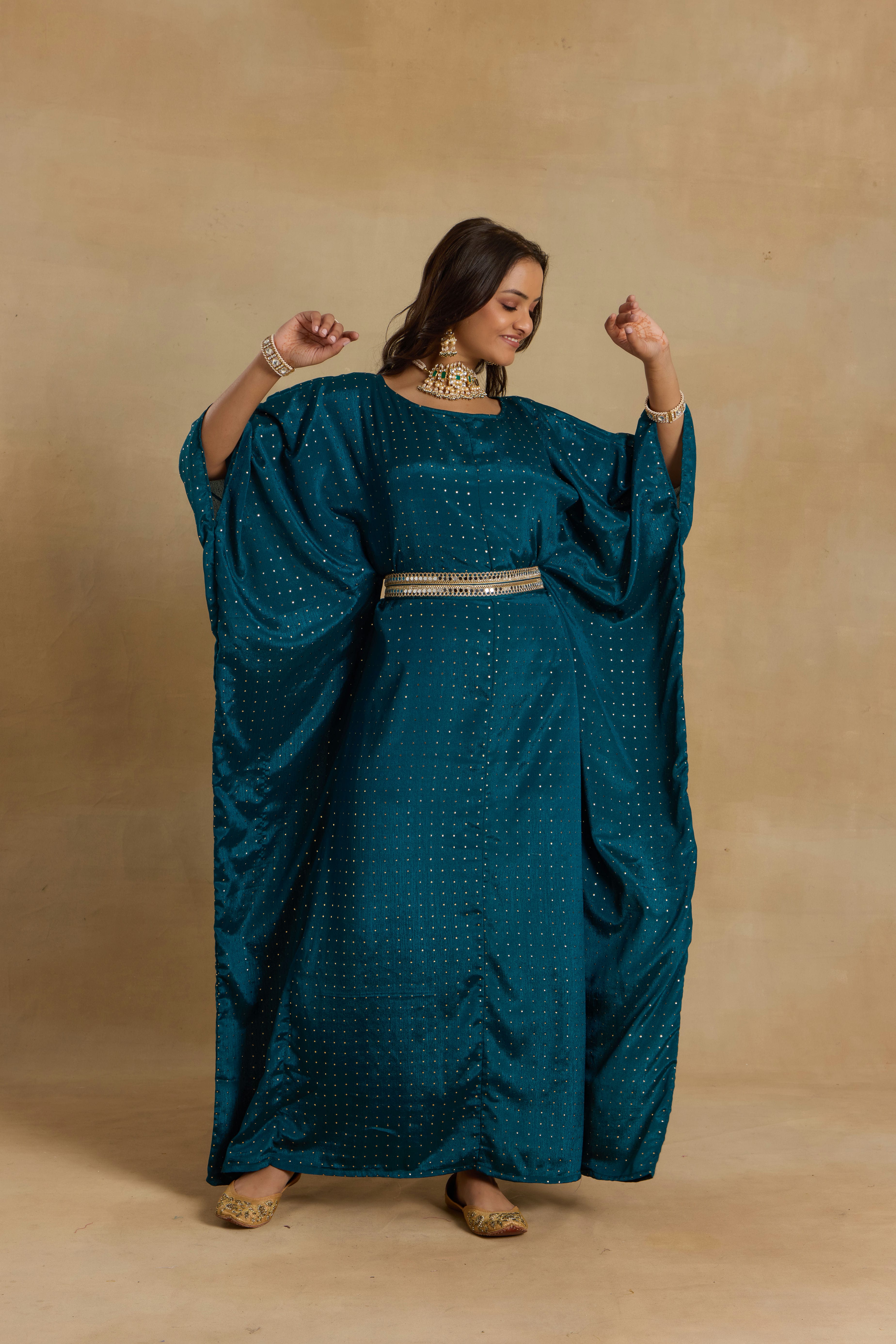 Alaya Heer Teal Twilight Kaftan With Belt