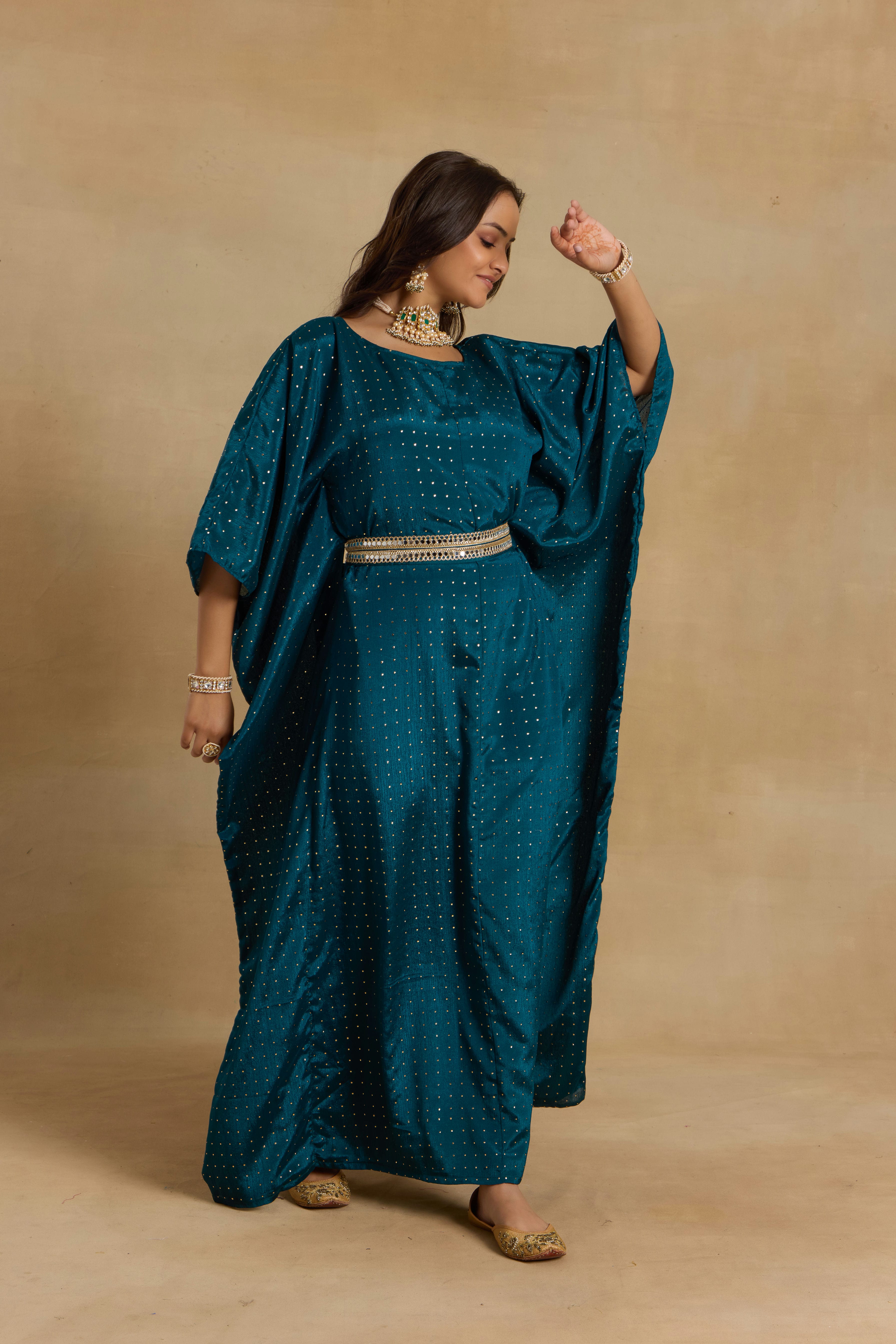 Alaya Heer Teal Twilight Kaftan With Belt