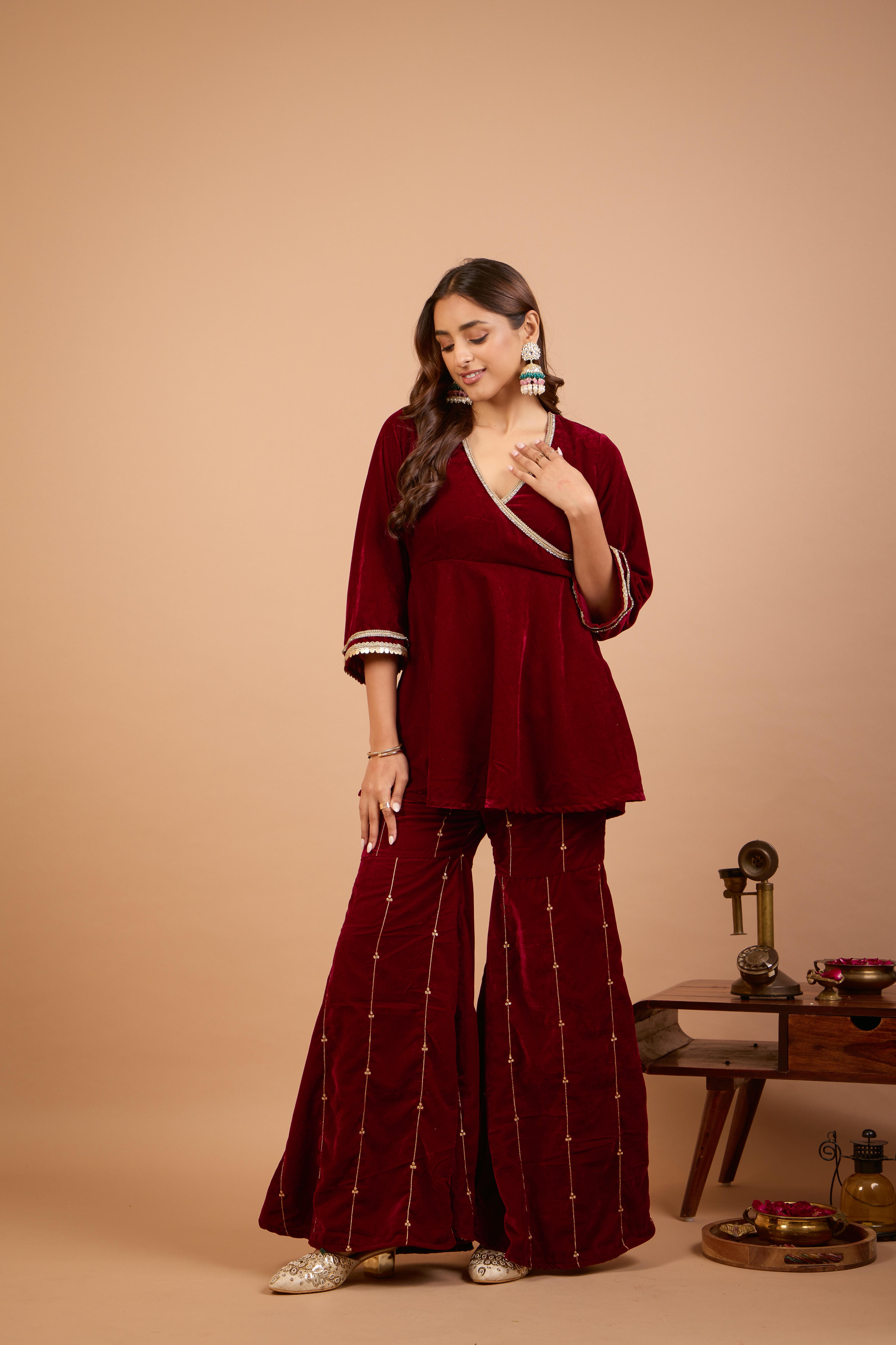 Alaya Jugni Plum Red Embroidered Gharara