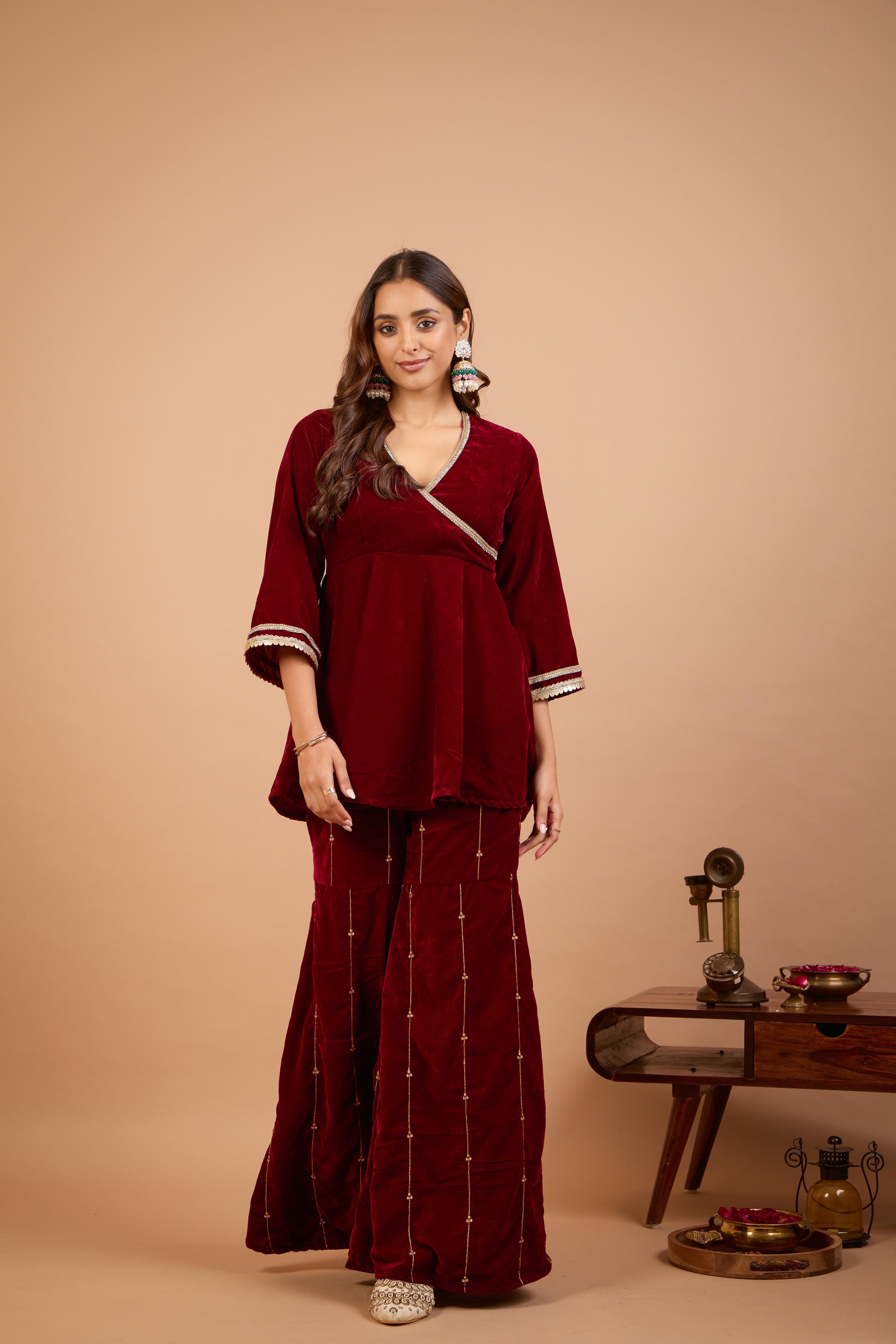 Alaya Jugni Plum Red Embroidered Gharara