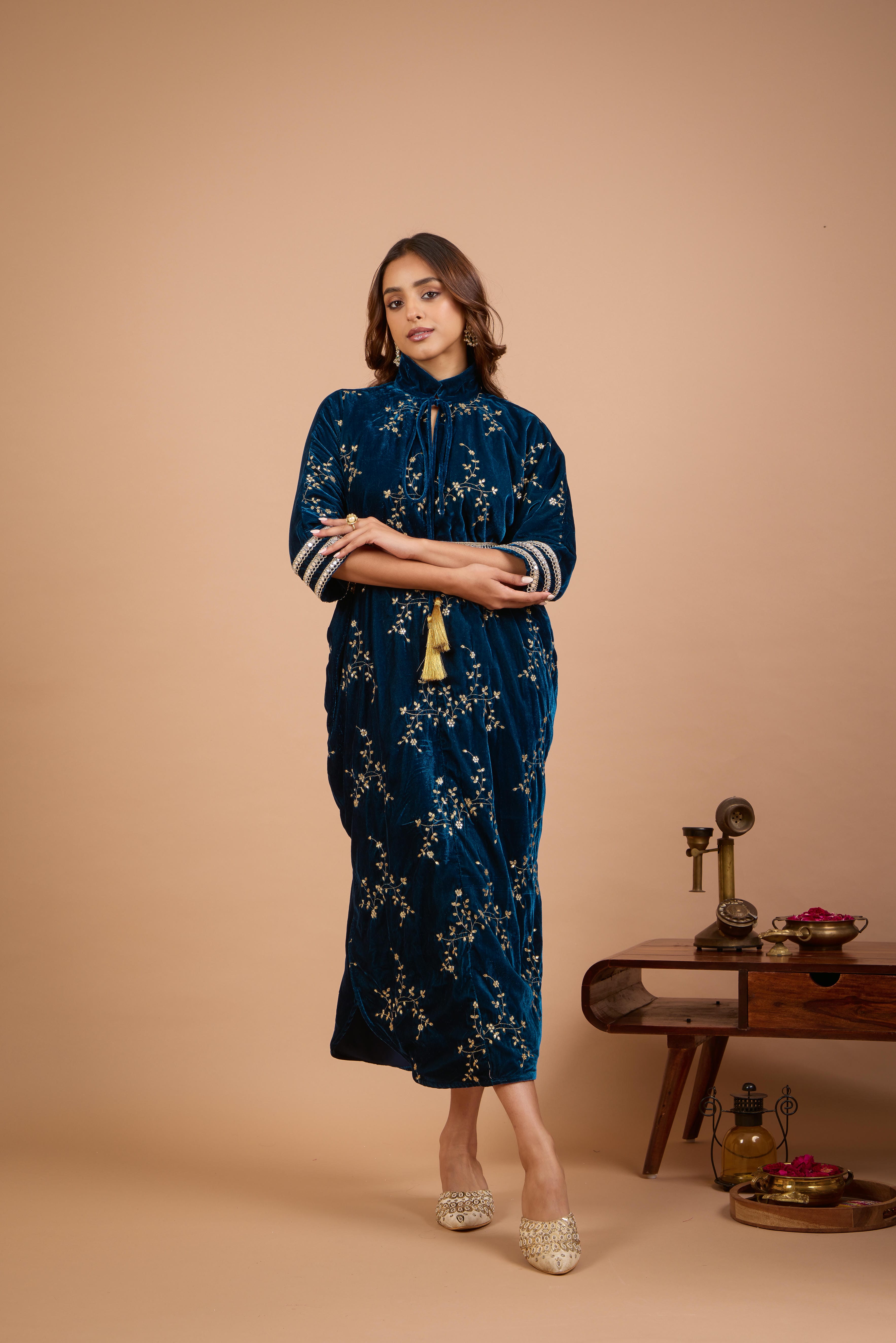 Alaya Jugni Bahamas Blue Velvet Embroidered Ruhani Kaftan