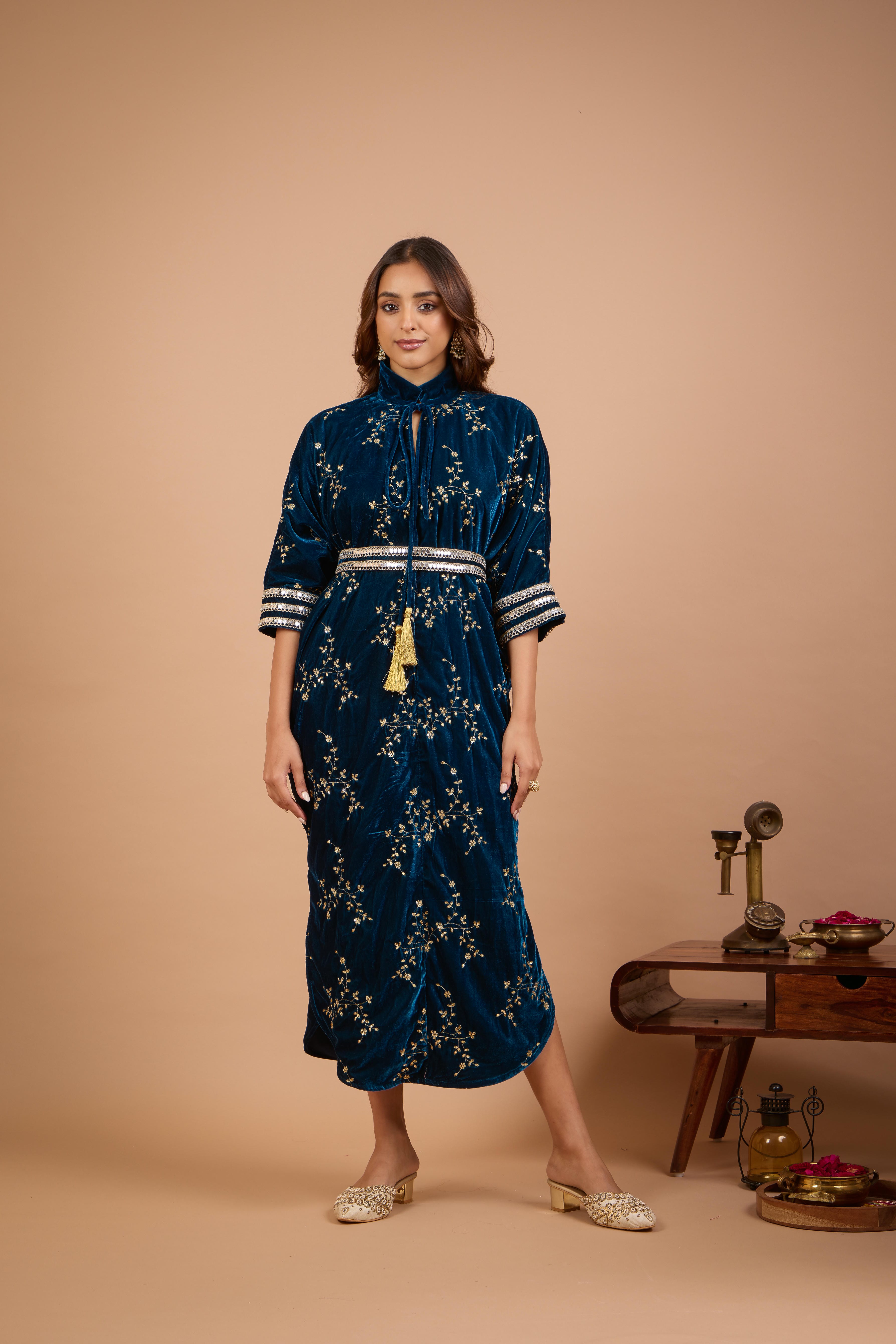 Alaya Jugni Bahamas Blue Velvet Embroidered Ruhani Kaftan