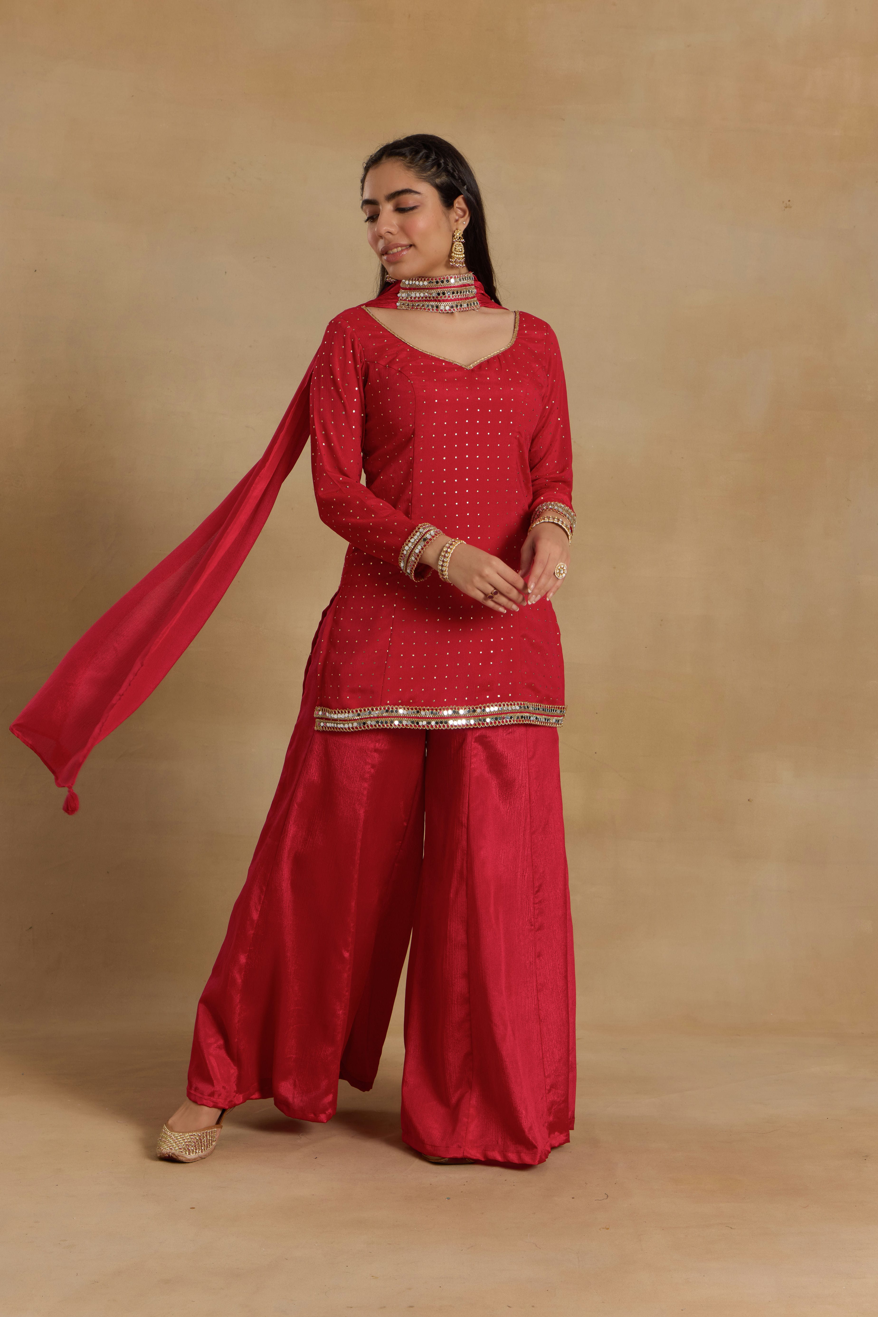 Alaya Heer Red Desi Diva Cami-sharara Set with Choker Dupatta